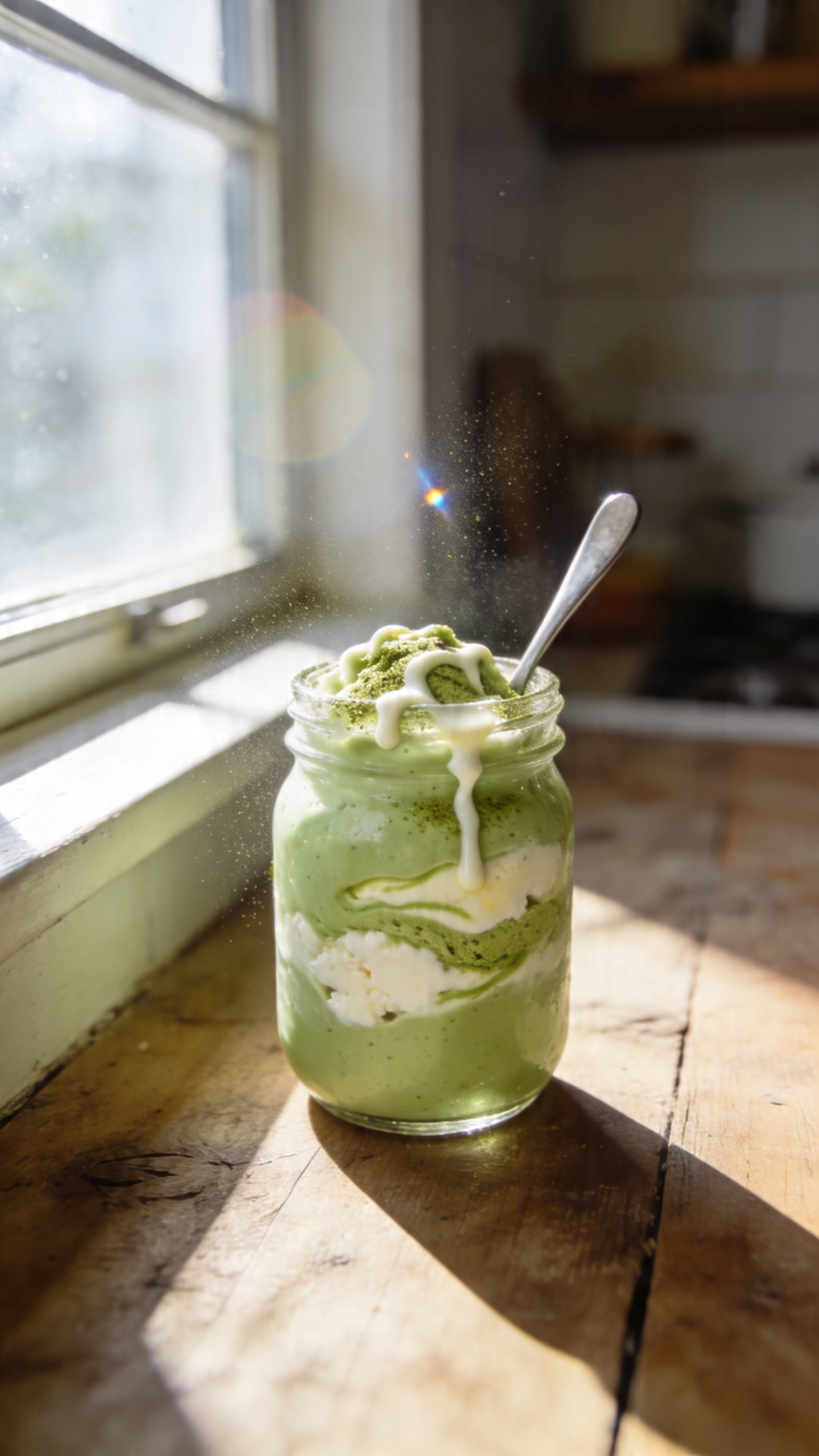 A real-life, candid photo of a creamy, green Matcha Cheesecake Freeze in a glass jar with a spoon, placed on a rustic wooden kitchen counter by a sunlit window. The jar sits in a slightly imperfect, casual setup with a small drizzle of white chocolate on top and a subtle swirl of matcha and vanilla. The scene should emphasize cottage cheese-based dessert texture—creamy, smooth, light—and a hint of granular matcha to convey real ingredients. Natural window light coming from the side, gentle shadows, and a softly blurred background of a cozy kitchen. The photo should feel spontaneous: not staged, taken in a hurry, with casual composition. Include slight camera imperfections such as a tiny overexposed highlight on the glass, a faint lens flare from the window, a touch of motion blur from a quick adjust, and a subtle grain visible in lower light areas. Horizon slightly tilted, minimal depth of field but not overly blurred. The image should resemble an iPhone snapshot: compressed, 1080p quality, fingerprint smudge on the lens, and no visible text or branding. Optional: a faint post-processing nudge—small sharpen, mild flat color balance—still kept looking like a quick, natural capture. No words or logos.