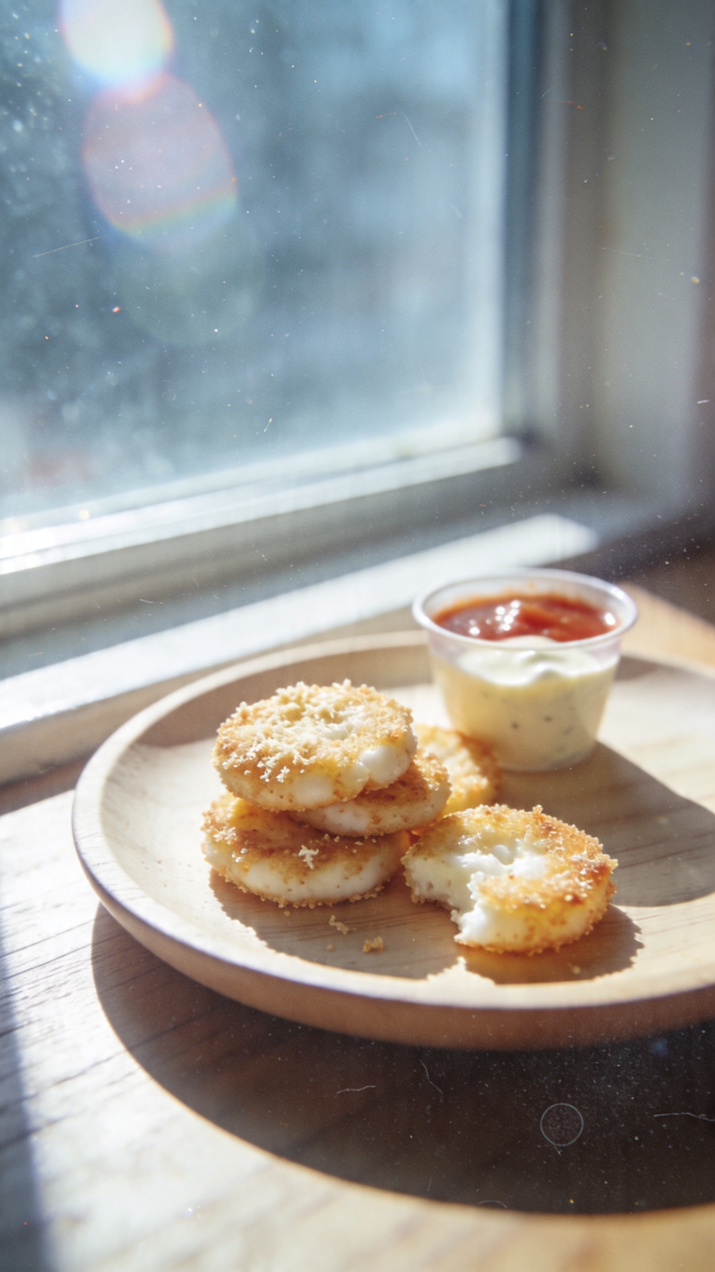 A real, authentic photo of Crispy Cottage Cheese Coins With Parmesan Crunch as the main subject, shot as if taken on an iPhone in natural window light. A casual, slightly imperfect still life: a small, imperfect stack or few scattered cottage cheese coins with a golden, parmesan-crusted crust, placed on a simple wooden or light-colored plate/table near a sunny window. The scene includes a small dipping sauce cup of marinara or garlic aioli nearby, with the sauce’s red or pale color slightly visible. The lighting is bright but natural, with a few overexposed highlights on the shiny crust and subtle lens flare from the window. Slight motion blur from a casual pause, a lightly tilted horizon, and some minor grain to reflect low-light-ish realism. No staged studio setup, no explicit text, no words on the image. The image should look compressed, 1080p quality, as if shot quickly on a phone with fingerprint smudges on the lens and a casual, no-staging vibe, giving a “taken in a hurry” feel. Optional subtle post-processing hints: a tiny touch of smart blur then light sharpening, color slightly flattened to mimic a casual phone snap, but nothing obvious or overly processed.