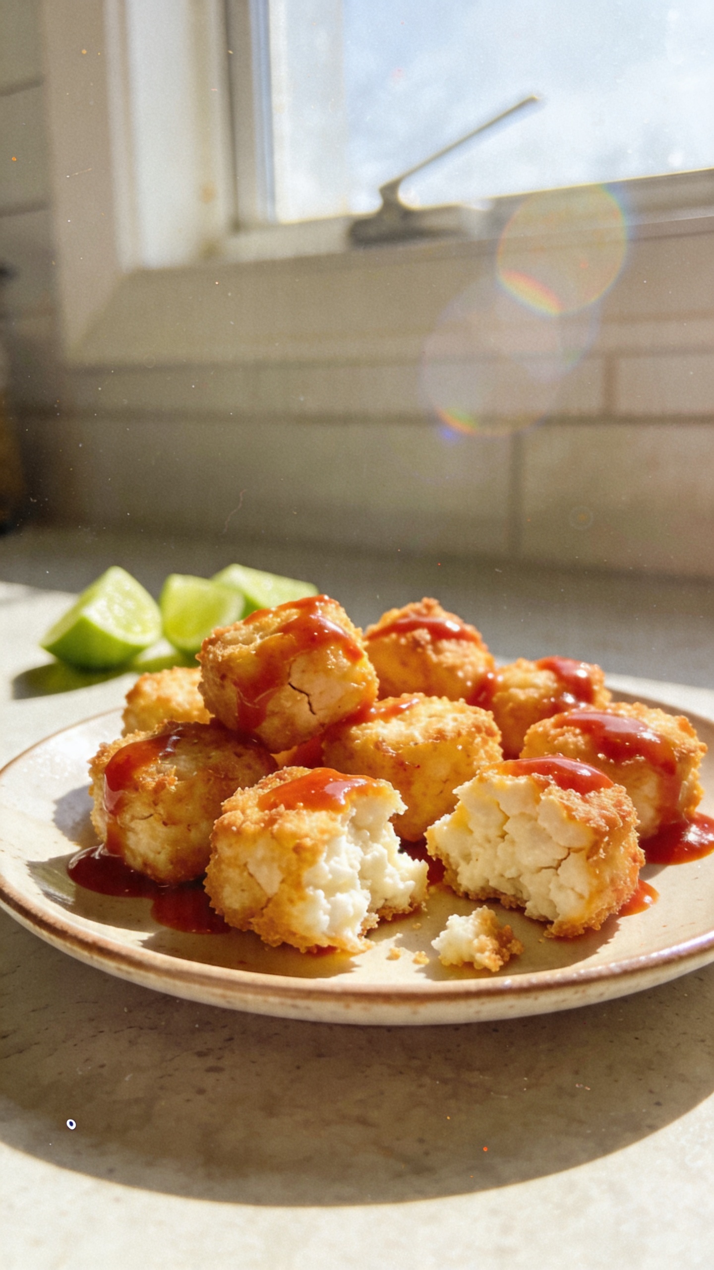 A real, authentic photo of spicy sriracha crispy cottage cheese bites, the main subject from the article title, styled as if shot on an iPhone in casual, natural window light. The scene shows a small plate or bowl of golden, crackly cottage cheese bites with a light sriracha glaze, some bites broken to reveal the crumbly interior, and a few lime wedges in the background for contrast. The composition is imperfect and candid: slight overexposed highlights from the window, a touch of lens flare, and a casually angled plate on a light kitchen counter. Subtle grain visible due to lighting, minor motion blur from natural movement, a slightly tilted horizon, and tiny fingerprint near the lens edge. No staging or studio setup; “shot quickly,” “taken in a hurry,” and “no text.” The image should feel like a real phone photo, compressed 1080p quality, with natural imperfections, and a hint of post-processing that keeps it believable (not glossy or hyperreal). No words or logos on the image.