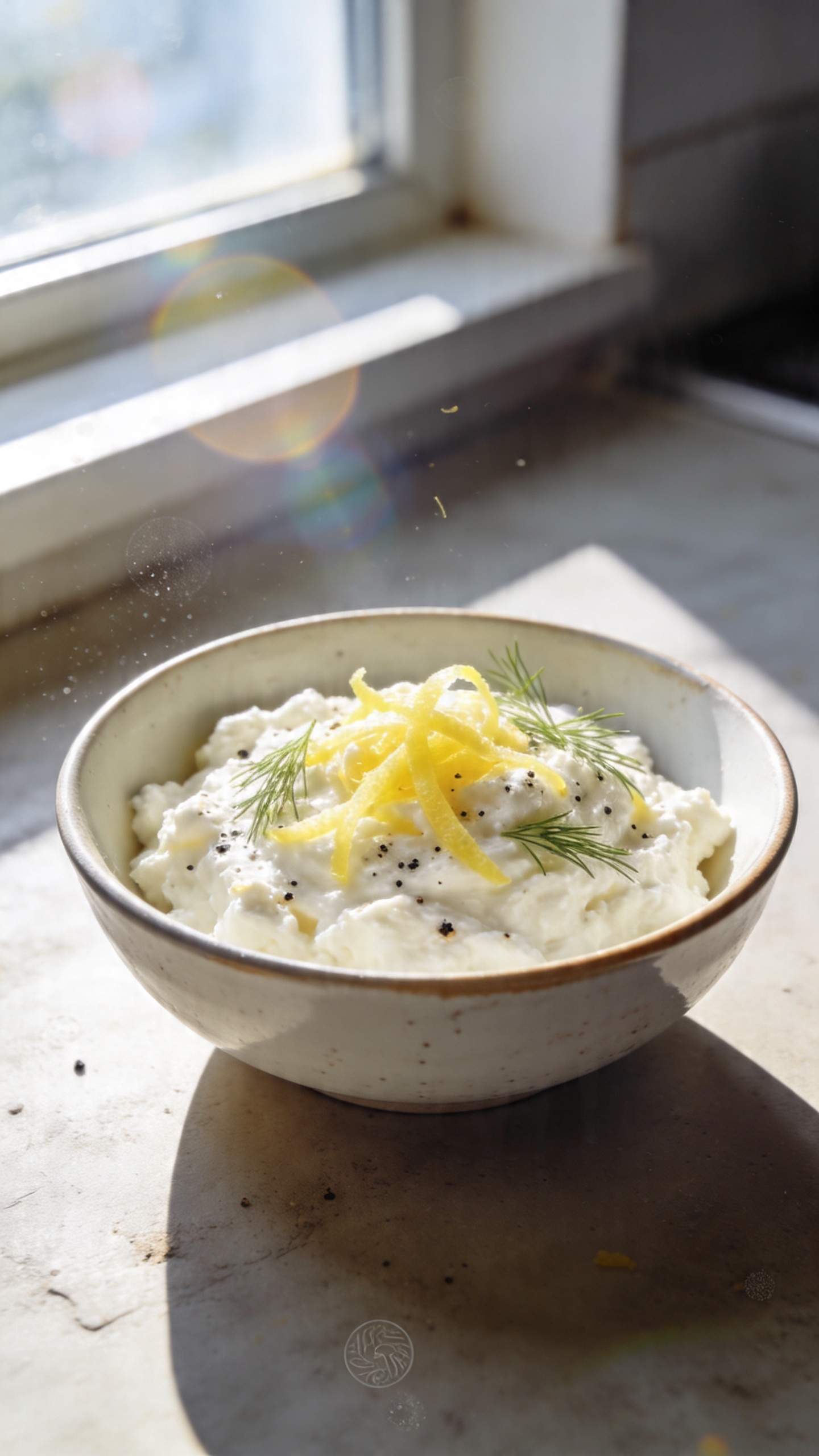 A real, authentic photo of lemon dill cottage cheese crunchers, the main subject from the article title, photographed as if taken with an iPhone in a casual kitchen setting. Natural window light softly spills across a simple, imperfect surface. The bowl or plate of cottage cheese is topped with bright lemon zest, delicate dill sprigs, and a light scattering of black pepper to imply crisp edges and airy centers. The composition feels casual and un-staged: slight tilt to the horizon, a few bright highlights from the window, and gentle, natural grain. Include subtle imperfections: slight overexposed highlights on the yogurt-curd texture, a small lens flare in the corner, minor motion blur from a quick snap, and fingerprint marks on the lens to suggest realism. The scene is compressed 1080p quality, as if shot quickly, with no staging or professional setup. No text on the image. Optional subtle post-processing hints: a hint of smart blur with light sharpening, colors slightly flattened to mimic a casual phone photo, and a touch of console-like contrast to mimic real-world processing. The overall vibe: light, refreshing, and oddly addictive, ready as a pre- or post-workout snack.