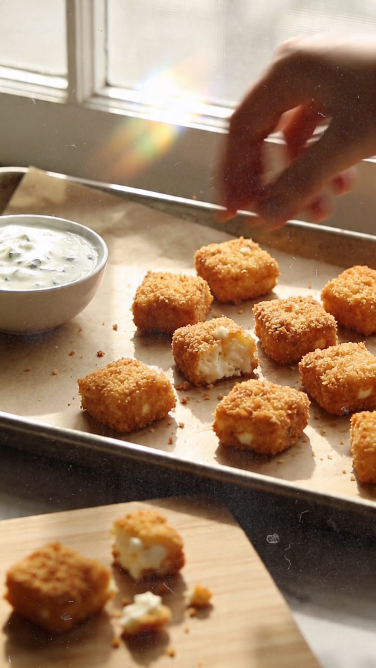 A candid, real-feel photo of Ranch-Style Crispy Squares made with cottage cheese, presented as a tray of bite-sized, golden-brown, breaded squares arranged casually on a parchment-lined baking sheet. The scene shows a small bowl of creamy yogurt-based ranch dip nearby and a few crumbled squares sprinkled on a simple wooden cutting board for garnish. The lighting is natural window light, coming from the side, casting gentle shadows and a warm, homey glow. Slight imperfections: minor overexposed highlights on the edges, a subtle lens flare from the window, a tiny bit of motion blur on a hand reaching toward the tray, a slight tilt of the horizon, and a touch of graininess consistent with a phone photo. The composition is unstyled and spontaneous—no staging, just a quick snapshot. The texture should emphasize crispy, breadcrumb-like coating and the soft, cottage cheese interior peeked through. No text on the image. Shot quickly, taken in a hurry, finger-smudge on the lens, compressed 1080p quality, no dramatic depth of field. Optional subtle post-processing hint: a small amount of smart blur with light sharpening to mimic casual phone editing, but keep it looking like an authentic iPhone capture.