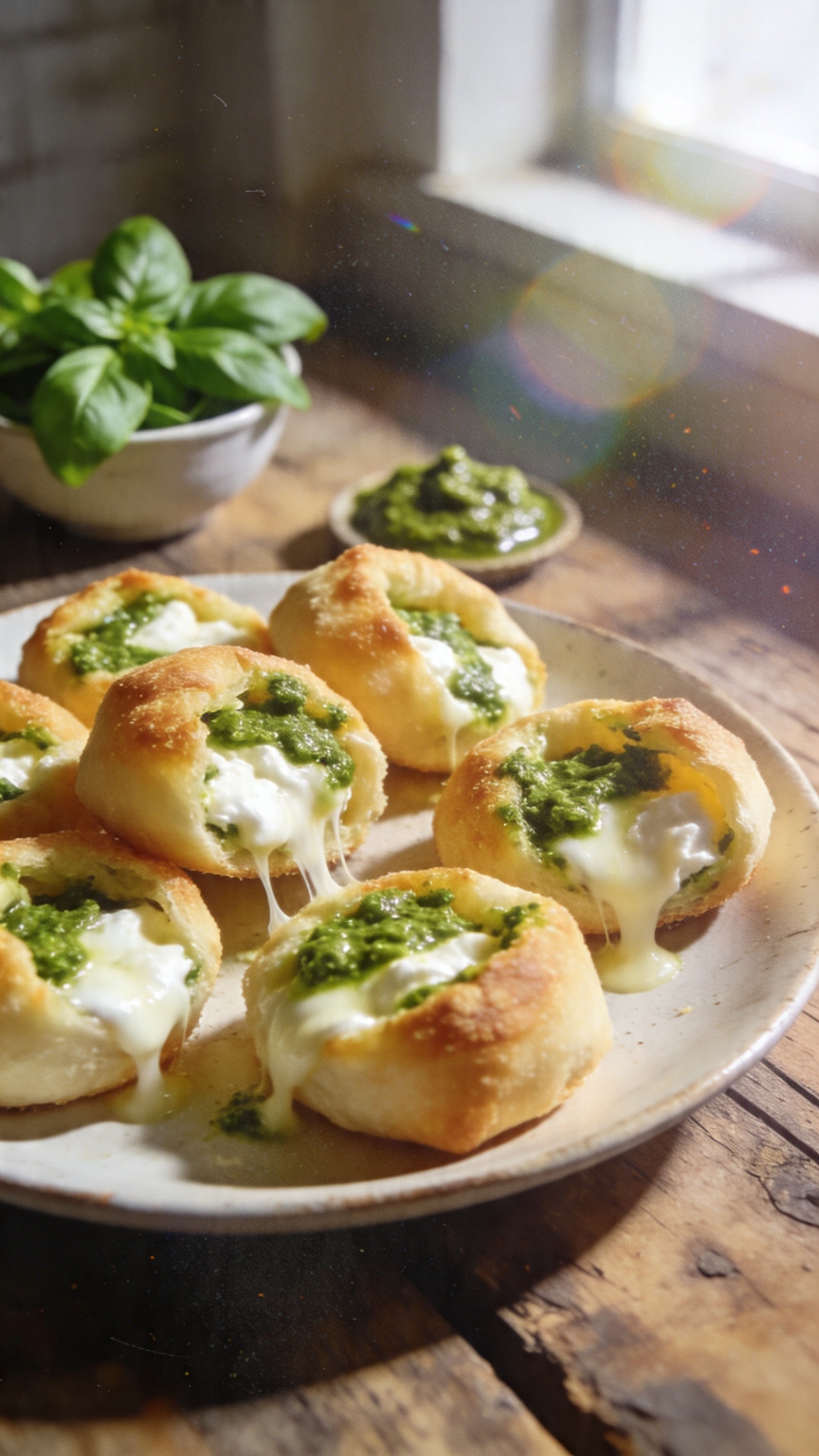 A real, authentic photo of Cheesy Basil Poppers: bite-sized cottage cheese bites folded with bright green basil pesto, dredged and fried to a gooey, cheesy crust with a light, golden crust and hints of melted mozzarella stretching lightly. The main subject is the plate of crispy poppers arranged casually on a rustic wooden counter, with a small bowl of fresh basil leaves and a dollop of pesto in the background. Shot quickly with an iPhone, in natural window light, capturing a warm, homely kitchen vibe. Slightly imperfect, candid composition: a bit of tilt, shallow depth avoided, no staging. Real-world touches include overexposed highlights from sun on the crust, subtle lens flare, a touch of grain in the shadowed areas, minor motion blur from a casual hand-held moment, and a few fingerprints on the lens. The scene feels lived-in and authentic, like a quick snack photo taken between steps, not a finessed studio shot. Compressed, 1080p quality with no text on the image. Optional subtle post-processing artifact: a mild, imperfect color tweak that looks natural and unpolished. No words or logos visible.