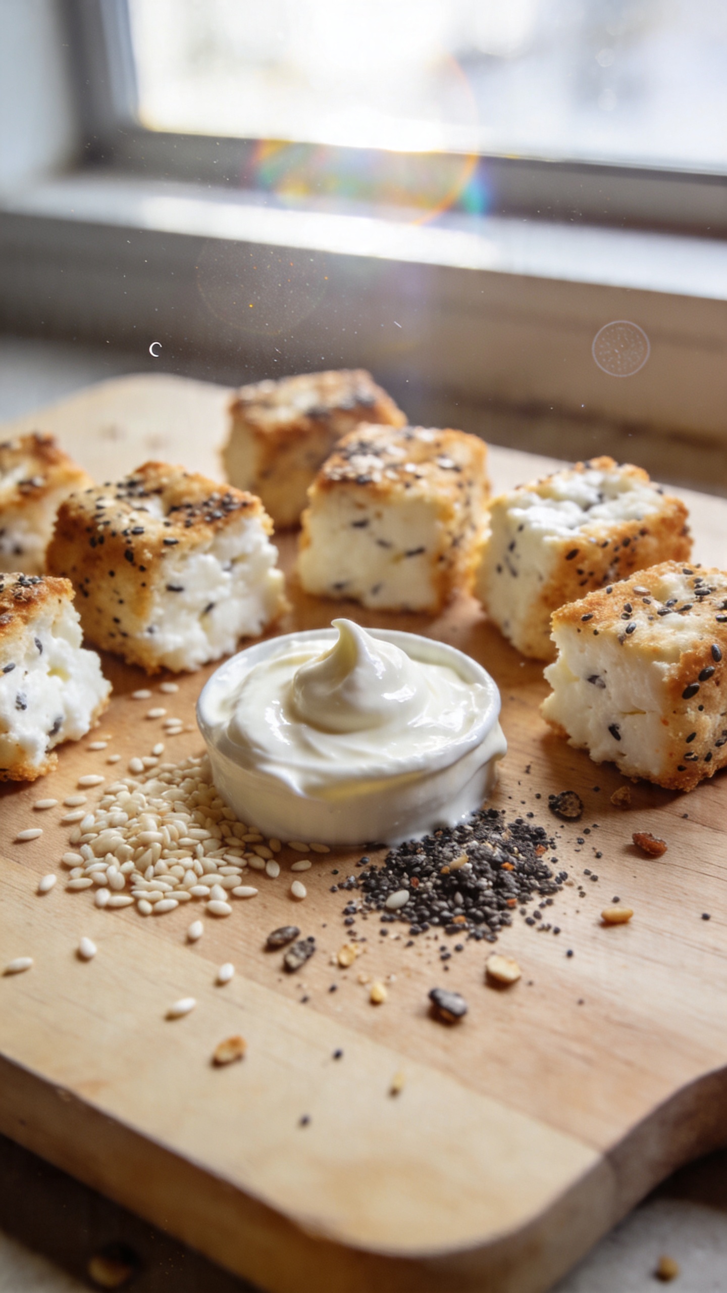A real, authentic iPhone photo of crispy, everything-bagel-seasoned cottage cheese bites arranged on a light wooden cutting board with a small, imperfect scoop of cream cheese for dipping, surrounded by sesame seeds, poppy seeds, and a few scattered bagel-seasoning grains. The scene is shot casually by a window, with natural daylight streaming in, creating gentle shadows and a warm, inviting color balance. The composition is slightly off‑center and imperfect, as if photographed in a hurry: a subtle tilt to the horizon, a tiny fingerprint on the lens, and a hint of grain from the phone camera. The lighting shows slightly overexposed highlights on the glossy cream cheese dip and a faint lens flare near the top edge. The image should feel unposed and spontaneous, like a quick food snap taken for a recipe, with no staging or artificial polish, captured in compressed 1080p quality. There should be no text in the image. Optional subtle post‑processing hints: a slight, natural blur/sharpening combined with a flat color tone, as if scaled down and up again, to give a real, imperfect finish.