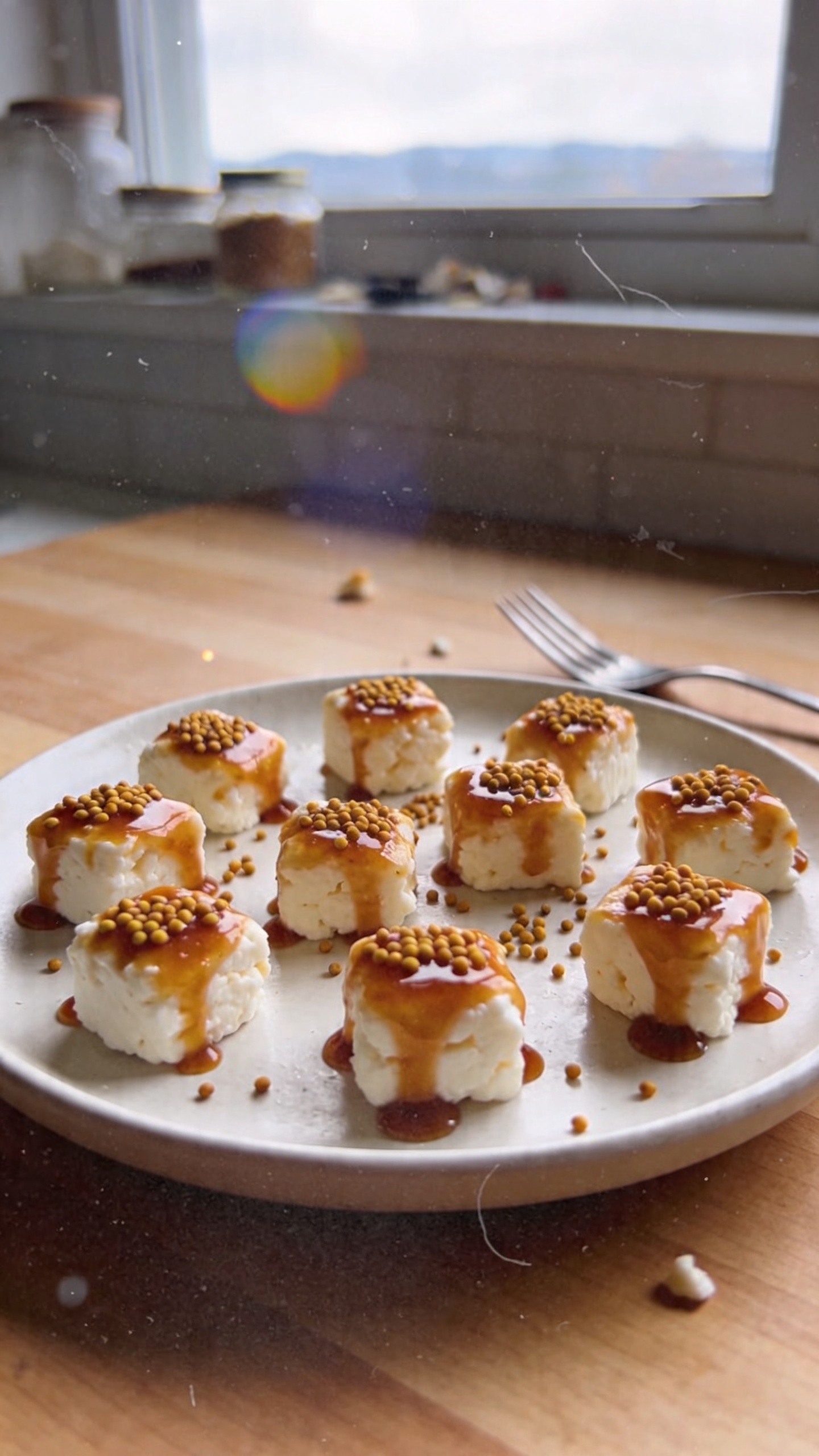 A plate of 9. Mustard-Maple Glazed Bites made from cottage cheese, arranged casually on a simple, white ceramic dish, with a handful of small mustard seeds sprinkled on top for texture. The bites have a glossy, amber glaze with a tangy, slightly sweet sheen. The scene is captured in natural window light, showing a real, imperfect home kitchen setting: a wooden counter, a blurred background of a kitchen window and a few jars, and a lightly cluttered backsplash. The photo should feel unstyled and authentic, as if taken quickly on an iPhone. Include subtle, realistic phone-camera quirks: slight overexposed highlights on the glaze, a tiny lens flare near the edge, minor motion blur from a casual hand movement, natural grain from low light, and a slightly tilted horizon. Avoid any staged or overly polished look; no visible text, no words, and no heavy post-processing. The composition is casual, with the plate slightly off-center, a fork resting nearby, and a few crumbs for realism. The image should resemble a compressed, 1080p quality shot taken in a hurry, with a fingerprint smudge on the lens and a hint of post-processing that keeps it grounded in reality (e.g., subtle blur sharpening or slight color shift) without appearing artificial. No artificial depth of field; keep a natural, everyday photo vibe. No branding or watermark.
