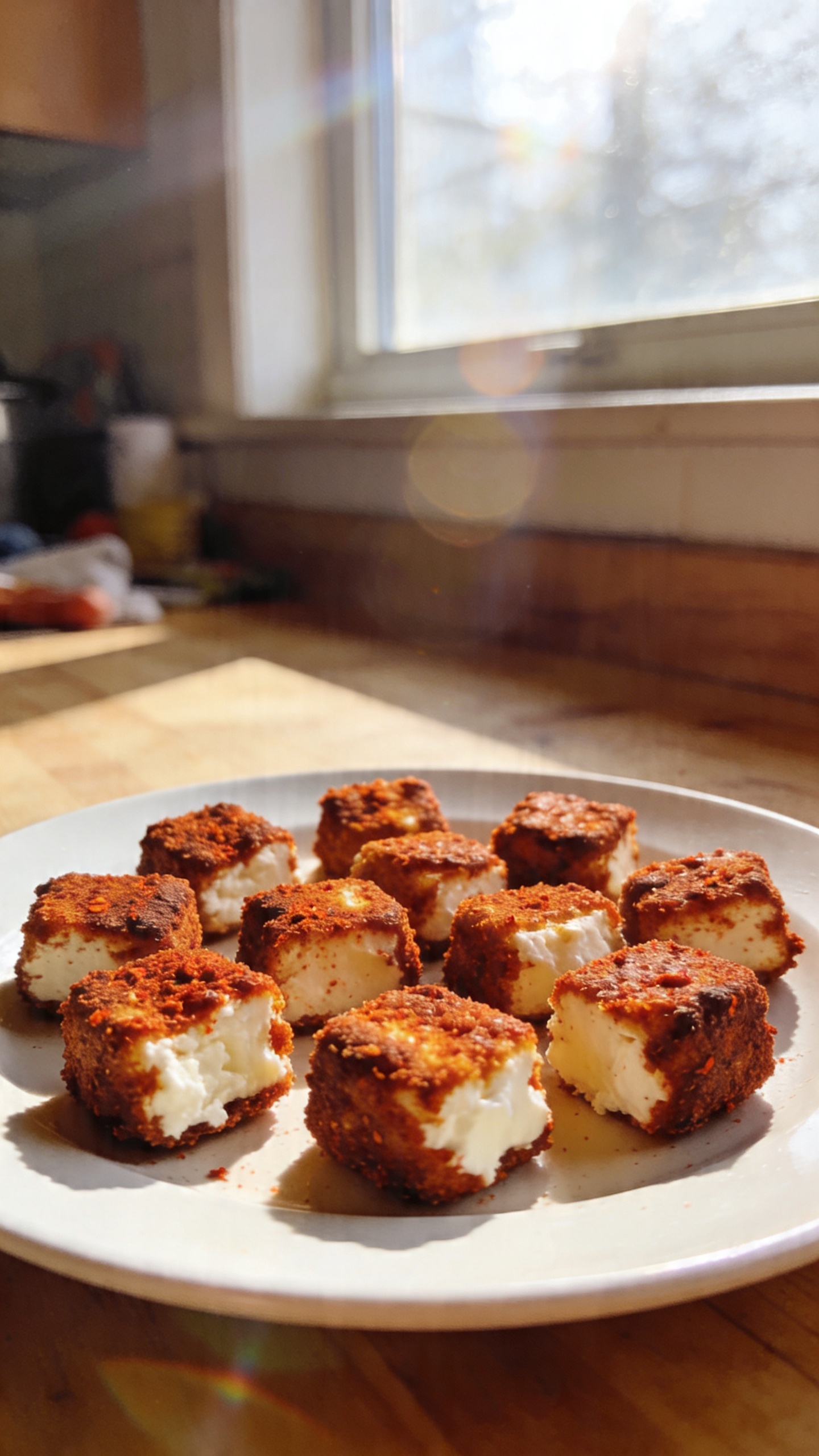 A real, authentic-iPhone photo of Paprika Pepper Crunch bites made from cottage cheese, arranged on a simple white plate with a shallow, casual depth of field. The scene is shot quickly in a home kitchen with natural window light streaming in, casting warm, smoked paprika–tinged highlights on the crispy crust and creamy centers. The crust should look deeply savory and peppery, with a rustic, imperfect texture that suggests a crisp exterior and a soft interior. Place the plate on a wooden countertop near a window, with everyday kitchen clutter barely in frame to convey a lived-in vibe. Include subtle, natural camera imperfections: a few slight overexposed highlights on the edges, a faint lens flare from the window, minor motion blur from a quick hand move, and a hint of grain that varies with the lighting. Horizon slightly tilted, no staging, no obvious setup, and no text on the image. The overall image should feel like a real-life capture, compressed 1080p quality, with a casual, bite-ready presentation that invites tasting, as if someone just plated and grabbed a quick shot. Optional subtle post-processing flair: mild, realistic color warm-up and slight sharpening to keep the texture visible, but not overly polished or AI-synthesized. No words.