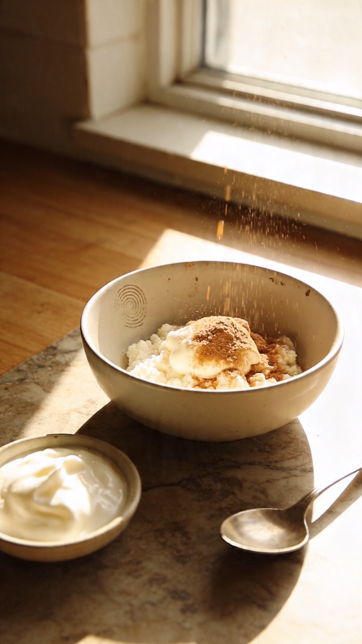 A real, authentic photo of a bowl of Cinnamon-Sugar Dream Crisps made from cottage cheese, placed on a rustic kitchen counter by a sunlit window. The scene shows a small, creamy cottage cheese base topped with a light cinnamon-sugar dusting, with a dollop of vanilla yogurt in a separate little dish nearby for dipping. Casual, homey vibe: a wooden or marble countertop, a plain ceramic bowl, and a soft, natural window light pouring in from the side. Slightly imperfect composition with a real-life feel—fingerprint marks on the bowl, a casual spoon resting nearby, and a casually angled perspective as if photographed mid-snack. Camera and image cues: shot quickly, no staging, taken in a hurry. Slightly overexposed highlights on the yogurt dollop and cinnamon sugar highlights, natural lens flare from the window, minor motion blur on a stray drip or whisked edge, graininess that varies with the light, and a slightly tilted horizon to emphasize realism. The photo should look like it was captured with an iPhone in natural window light, with compressed, 1080p quality and no text overlays. Subtle post-processing touch-ups that don’t feel slick: hint of mild contrast bump and gentle saturation, but still maintaining a raw, unpolished look. No AI-generated cues or obvious digital enhancement. The main subject remains evident, and the image conveys a casual, everyday snacking moment with a wholesome, high-protein twist.