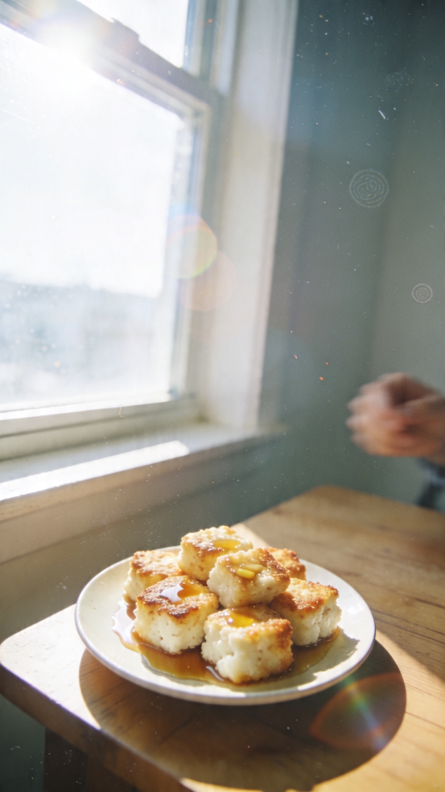 A real, authentic photo of crispy air-fried cottage cheese bites inspired by Umami Soy-Ginger Crunch, featured as the main subject. Shot with an iPhone in natural window light, casual composition, and a slightly imperfect, realistic feel. The plate of golden-brown, crisp cottage cheese bites sits on a simple wooden table near a bright window; a light soy-ginger glaze glaze hints at gloss on the surface. Include natural phone-camera imperfections: slightly overexposed highlights on the glaze, subtle lens flare from the window, minor motion blur from a casual hand gesture, grain that varies with the lighting, and a slightly tilted horizon. No words or text in the image. The vibe should be “shot quickly,” “taken in a hurry,” “no staging,” with a touch of everyday realism like a fingerprint on the lens and a casual, homey setup. The overall look is compressed, 1080p quality with minor post-processing hints (soft, imperfect color tweaks) to avoid AI-detection, e.g., slight smart blur with sharpening and a light recoloring, while keeping the scene natural and unplugged.