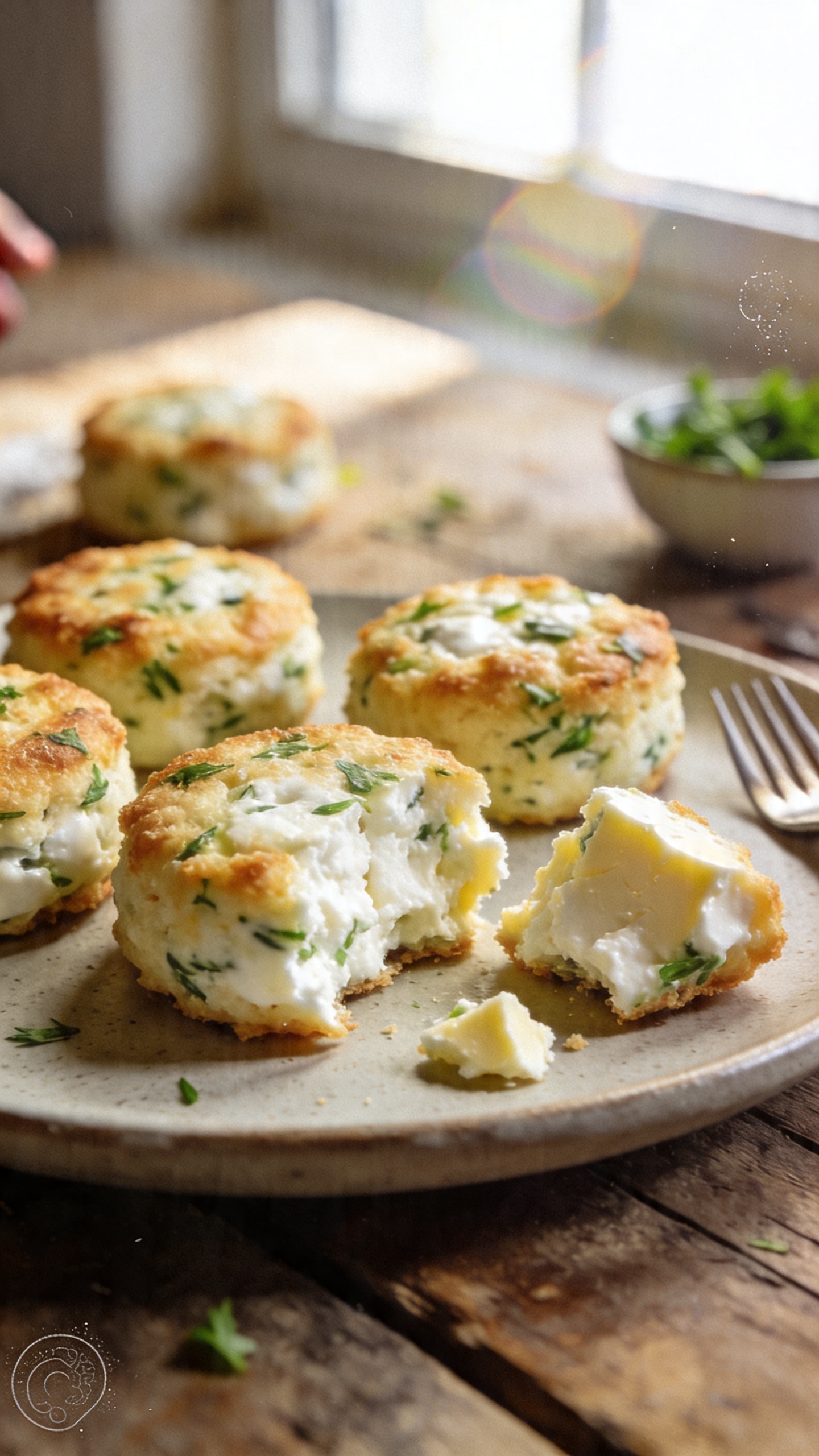 A real, authentic iPhone photo of 14. Herbal Feta Crumble Rounds: close-up of a plate or board featuring several bite-sized cottage cheese–feta herb crumble rounds, visibly golden crust with a creamy, speckled interior and flecks of green herbs; the rounds arranged casually with a few broken pieces to show texture. The scene is set on a rustic wooden table by a window with natural daylight pouring in, creating soft, uneven shadows and gentle highlights. Slight overexposed spots on the edges, a touch of lens flare from the window, and a tiny motion blur from a casual hand movement. Subtle grain throughout, horizon slightly tilted, and a hint of fingerprint smudge on the lens near the corner. The composition is imperfect and candid: no staging, natural clutter like a small bowl of herbs, a fork resting nearby, and a blurred background to emphasize the rounds. Colors are warm and inviting, with the creamy white cottage cheese, pale yellow feta bits, and vibrant green herbs popping against a neutral plate. The photo should feel like a quick shot on an iPhone, compressed 1080p quality, with no text, no branding, and no mention of photography terms. Optional very light post-processing that keeps it looking natural (scaled, tiny sharpen, subtle color lift) but not obvious. No AI-generated cues, just a real breakfast or snack moment captured fast.