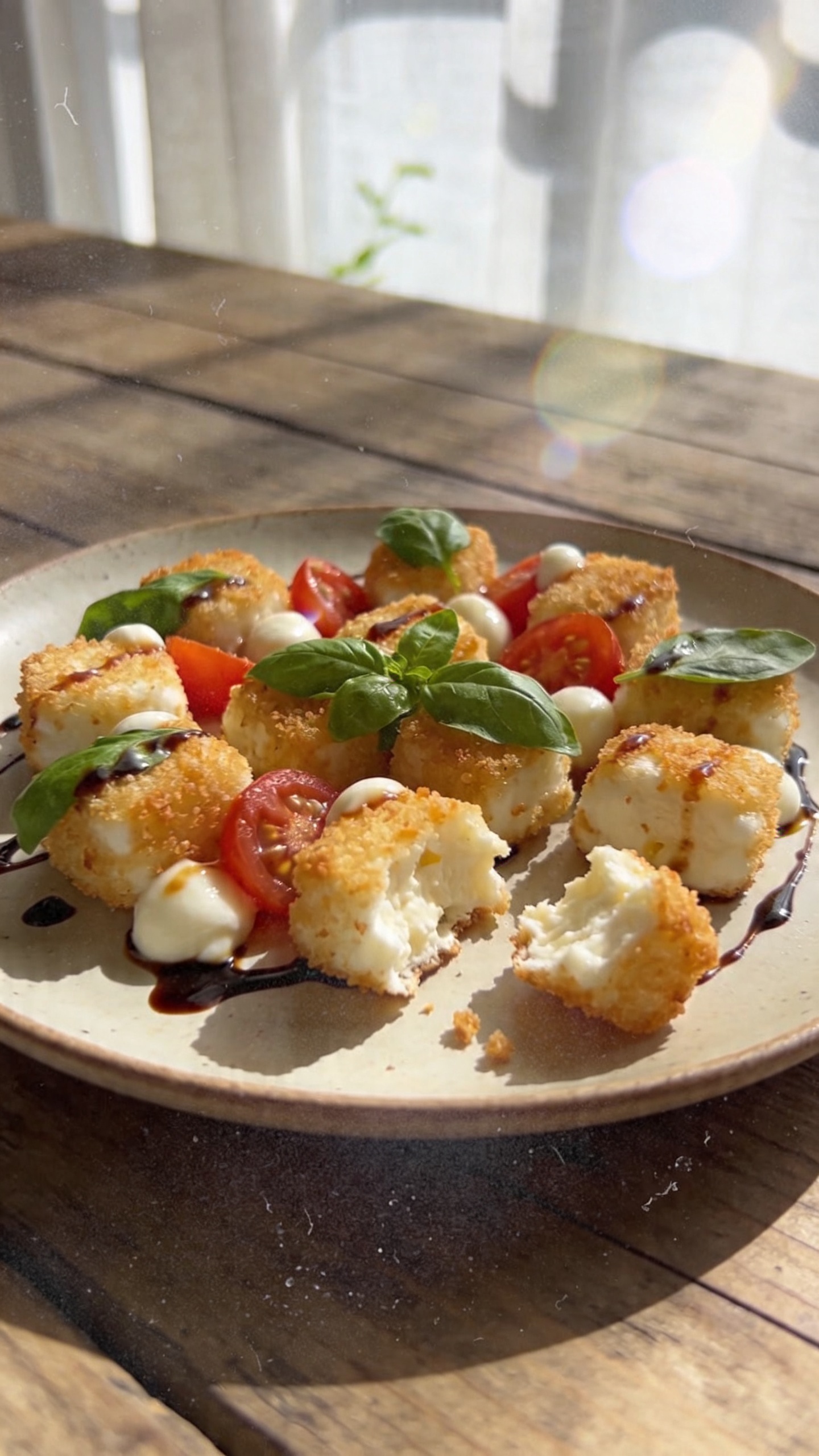 A real, authentic photo-style image of Caprese Crunch Bites featuring a plate of crispy cottage cheese bites inspired by tomato, basil, and mozzarella flavors, with a tiny drizzle of balsamic glaze. Shot casually on an iPhone with natural window light, on a rustic wooden table. The bites should be clearly visible, with a light golden crunch and tiny mozzarella pearls melting into a fresh, colorful basil leaf garnish. Include a few bites broken open to hint at a creamy interior. Composition is imperfect and candid: slight tilt of the horizon, minor motion blur from a gentle breeze near the window, and gentle grain in the shadows. Subtle overexposed highlight on the glaze, a touch of lens flare from the sun coming through a sheer curtain, and a realistic fingerprint smudge on the lens edge for authenticity. No staging, no text, no artificial studio feel. The scene is compressed, 1080p quality, like a quick snapshot taken in a hurry. Optional: a light, natural vignette from casual post-processing (scaled down and up again, slight smart blur with sharpening) to emulate a real photo without making it look too polished. Emphasize a bright, fresh, summery vibe with crispy texture, high-protein appeal, and a fast, snack-ready presentation.