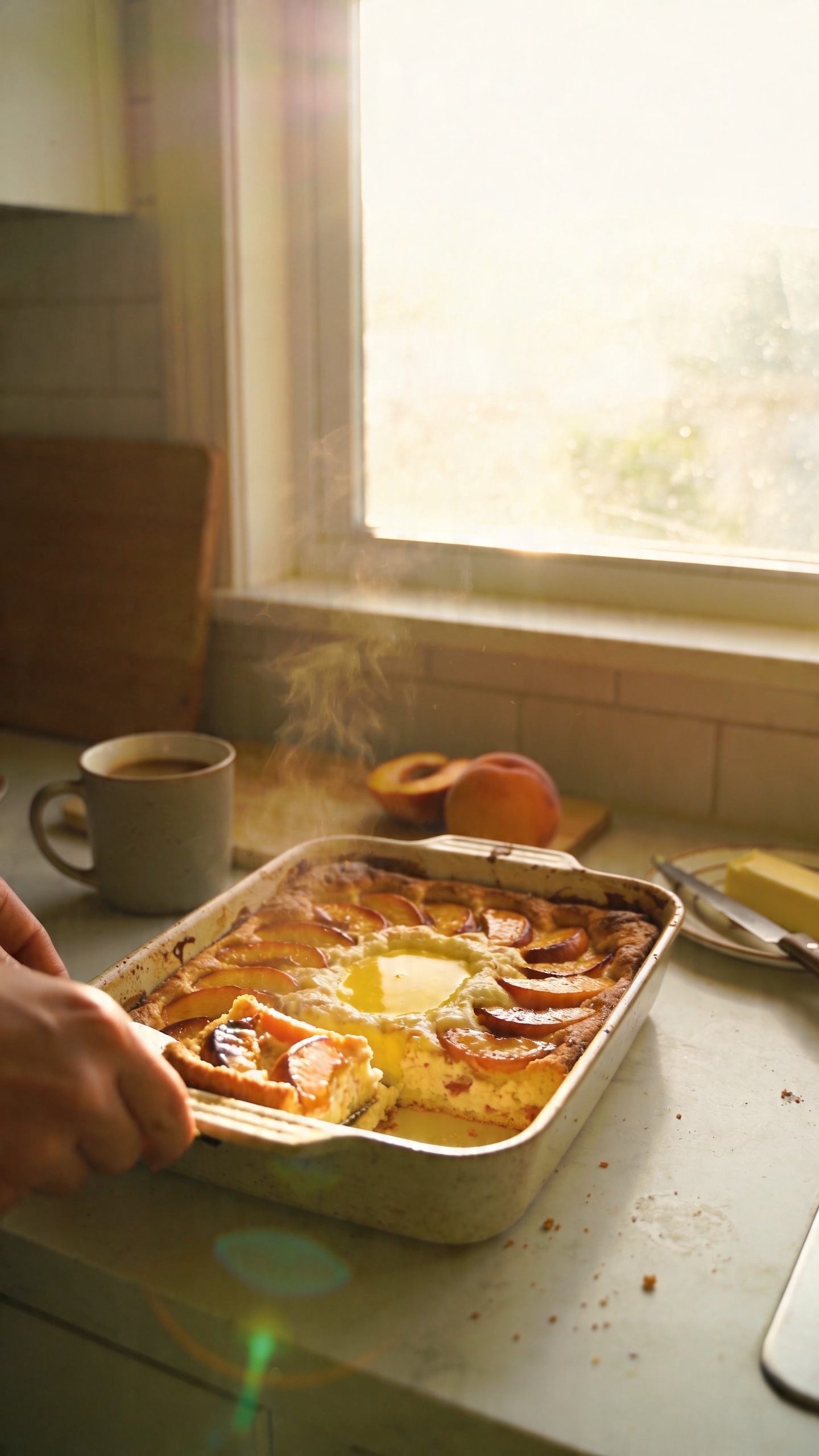 Sunrise Peach Cottage Cheese French Toast Bake as the main subject, a cozy brunch scene on a sunlit kitchen counter. Real, authentic photo look taken with an iPhone, casual composition, no staging. The dish shown in a warm, homey bake pan with a golden custard center and visible peach slices caramelizing on top, steam wisps rising gently. Natural window light streaming across the countertop, slight imperfect shadows, and a casually arranged breakfast setup nearby (mug of coffee, a faint cutting board, a butter knife). Slightly overexposed highlights on the peaches and edges of the dish, lens flare from the window, minor motion blur on a nearby hand reaching for a slice, graininess varying with light, and a subtly tilted horizon to emphasize realism. Include fingerprints or smudges on the dinnerware and a few crumbs for realism. Shot quickly, no staging, no professional lighting, “fingerprint on lens” feel, compressed 1080p quality, no text on image, no words, no AI-typical cues. Optional subtle post-processing that keeps it looking natural: small smart blur and slight color pull to emulate casual editing, but not overt. No 3D rendering or CGI elements; the focus remains on the cheesy cottage cheese center, juicy peaches, and the comforting, weekender-brunch vibe.