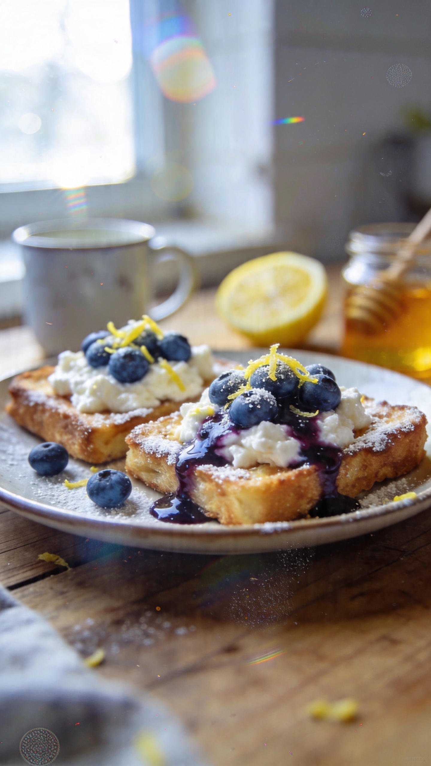 A real, authentic photo of Blueberry Lemon Zest Cottage Cheese French Toast as the main subject, shot quickly with an iPhone in natural window light. Casual composition on a rustic wooden kitchen table, slight imperfect setup, no staging. The plate features airy cottage cheese French toast slices topped with fresh blueberries, a sprinkle of lemon zest, and a light dusting of sugar, with a drizzle of blueberry sauce to show vibrant color. Background hints of a cozy kitchen: a blurred mug, a lemon half, and a jar of honey to suggest a brunch moment. Natural overexposed highlights from the window, a tiny lens flare, and a slight tilt of the horizon for realism. Subtle motion blur in the foreground textures, grain variation due to light, and minor imperfections like a fingerprint on the lens and a small angle distortion giving a candid, lived-in feel. 1080p-ish quality, compressed look, slight smart blur with sharpening to mimic post-processing, no text overlays, no branding. The scene conveys a refreshing, lighter brunch vibe, not overly polished, as if snapped on the fly with an iPhone.