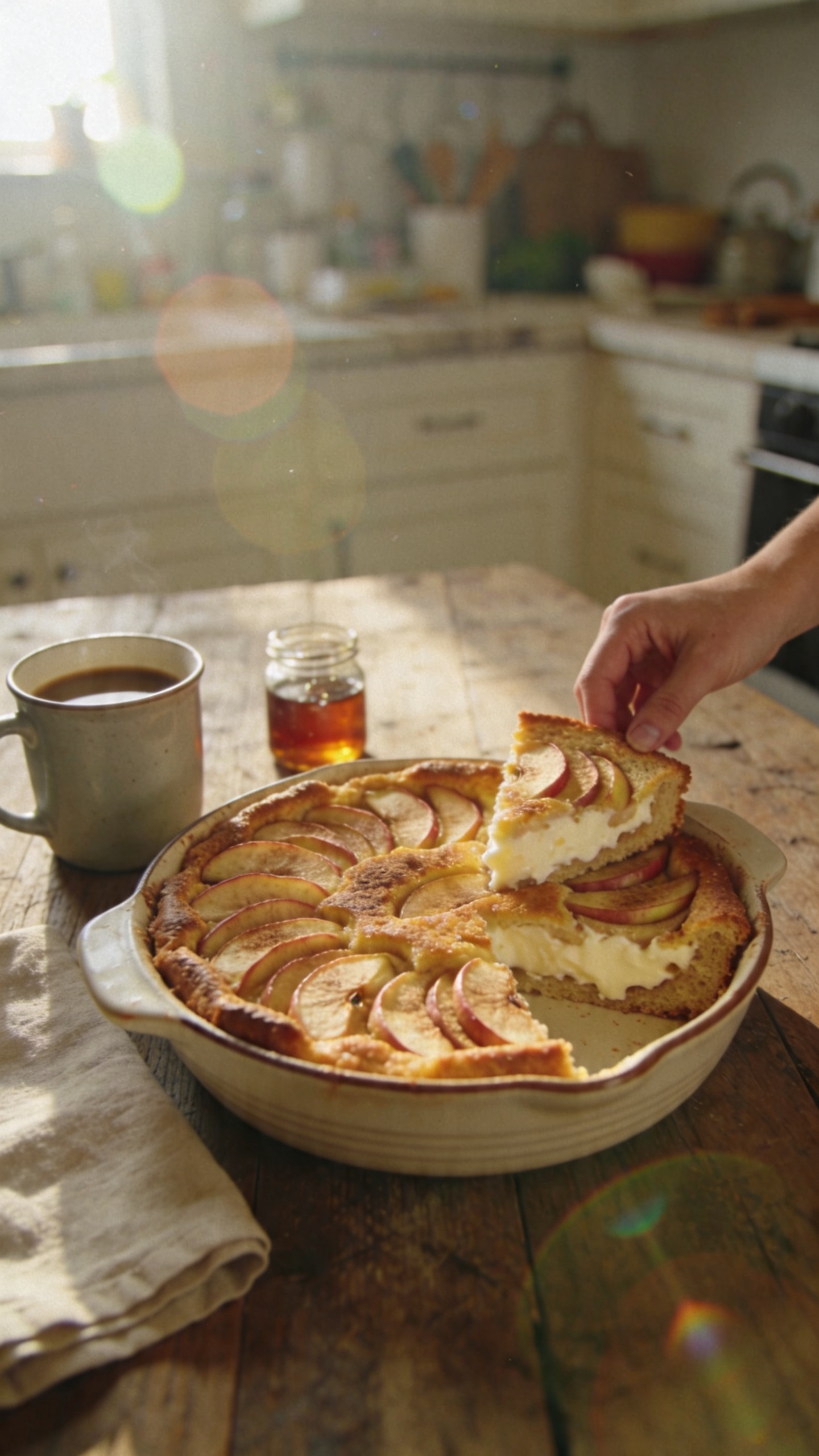 A real, authentic photo of Cinnamon Apple Cottage Cheese French Toast Casserole, the main subject from the article title, photographed as if snapped in a home kitchen. The dish sits in a cozy, casserole-style dish on a rustic wooden table, with warm breakfast light coming through a nearby window. Apples sliced and layered between bread peek through a crusty golden top, with a creamy cottage cheese center visible at the edges. Casual, homey setting: a mug of coffee, a small jar of maple syrup, and a simple linen napkin nearby. Natural, imperfect composition: slight tilt of the horizon, gentle kitchen clutter in the background, and a hand reaching toward a slice. Shot quickly, no staging, finger­print on lens feel, slight overexposed highlights from sunlight, subtle lens flare, minor motion blur from a casual moment, and grain that varies with light. Composited in 1080p-like realism, compressed, 1080p quality, no text, no branding. Optional light post-processing to look natural: a small touch of desaturation and a gentle highlight bloom that still reads as a real photo. Avoid words like cinematic, 8k, ultra realistic, hyper realistic, professional photography, studio lighting, depth of field, or perfect composition.