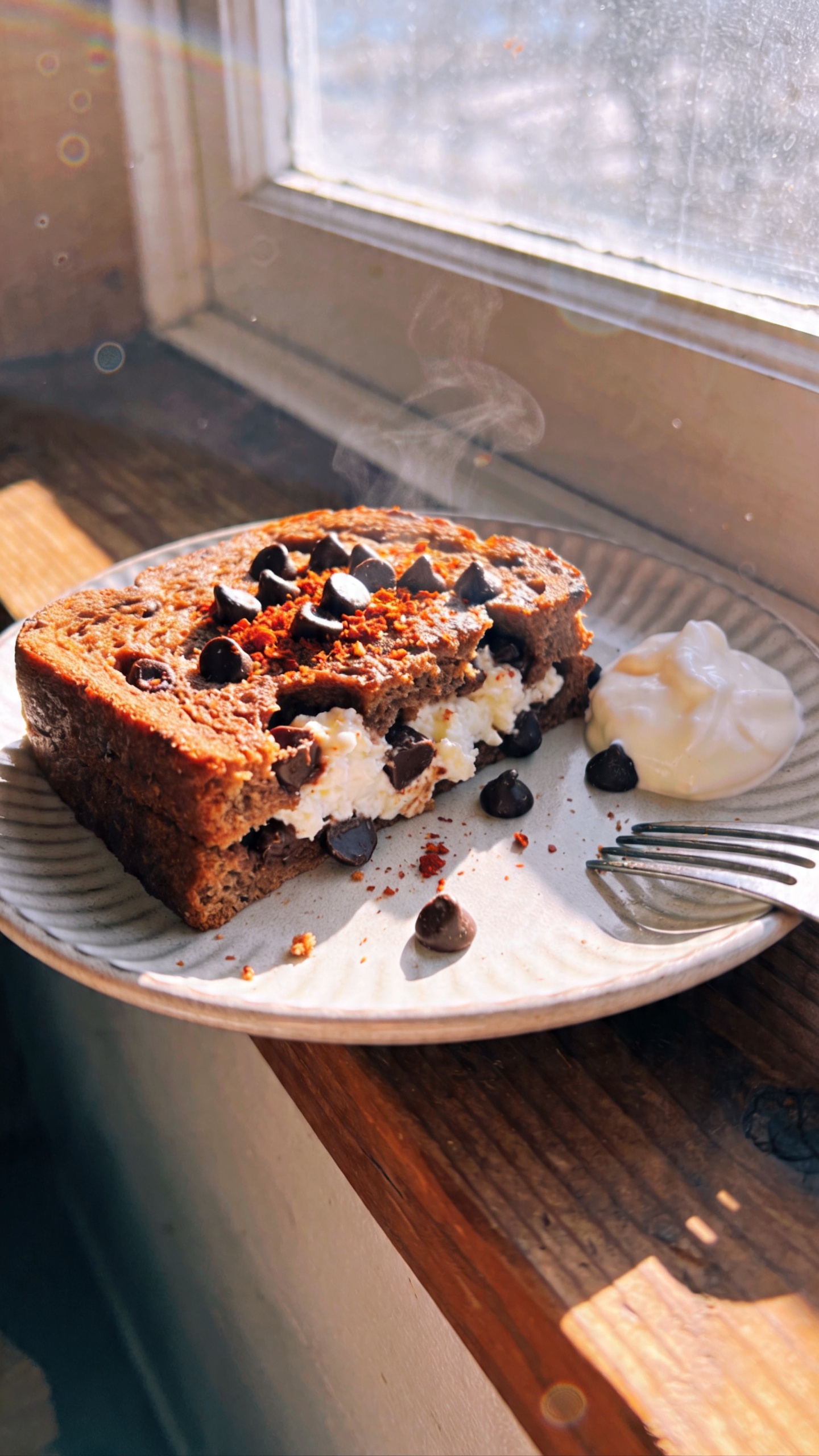 A real, authentic photo of a plate of Chocolate-Chili Cottage Cheese French Toast, the main subject from the article title, photographed as if casually in a home kitchen. The toast should look fluffy with cottage cheese texture visible inside, pockets of semi-sweet chocolate chips melted in, and a subtle chili kick suggested by a light dusting of chili flakes for warmth. Plate sits on a rustic wooden counter near a window with natural daylight streaming in, creating gentle, imperfect shadows. Include a small dollop of yogurt on the side to suggest mellowing the heat. Casual, in-the-moment composition: slight angle, a bit off-center, no staging. Capture a realistic breakfast moment: a few crumbs, a tiny steam wisps, and a casually placed fork nearby. Realistic phone-camera imperfections: slight overexposed highlights on the glossy chocolate chips, soft lens flare from the window, minor motion blur on the edge of the plate as if moved quickly, grain visible in the shadows, slight tilt of the horizon. Shot quickly, no advanced lighting, compressed 1080p quality, fingerprint on lens, no text. Optional subtle post-processing that reads as natural, like minor color tweak but keeping a raw, unscripted look. No words or logos in the image.