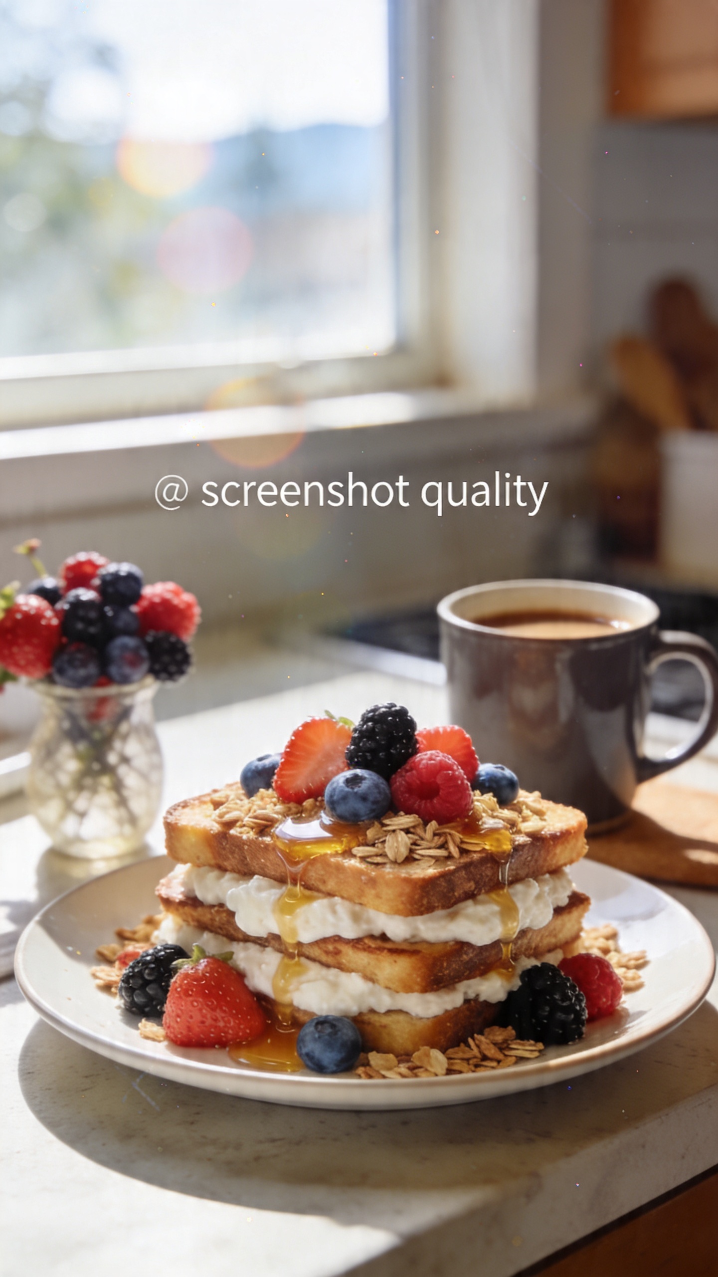 A candid, real-life photo of Berry-Granola Crunch Cottage Cheese French Toast as the main subject, inspired by the article title. Shot quickly with an iPhone in natural window light, on a casual kitchen counter setup. The plate features cottage cheese French toast layered with a crunchy granola top and a rainbow of berries (strawberries, blueberries, raspberries, blackberries) piled artfully, with a light drizzle of honey or maple syrup catching a hint of gloss. The scene includes a softly blurred, sunlit background of a cozy brunch setting, a mug of coffee, and a small vase of fresh berries nearby. Natural imperfections: slightly overexposed highlights from the window, gentle lens flare, minor motion blur from a slight hand shake, subtle grain that varies with the light, and a slightly tilted horizon. The photo should feel authentic and un-staged, as if taken in a hurry, with no visible text or branding. Include a faint fingerprint on the lens and a sense of “screenshot quality” rather than polished professional footage. Optional light post-processing notes: scaled down and up again, slight smart blur with sharpening, recolored with a flat paint bucket to mimic processing, but keep the overall look casual and real.