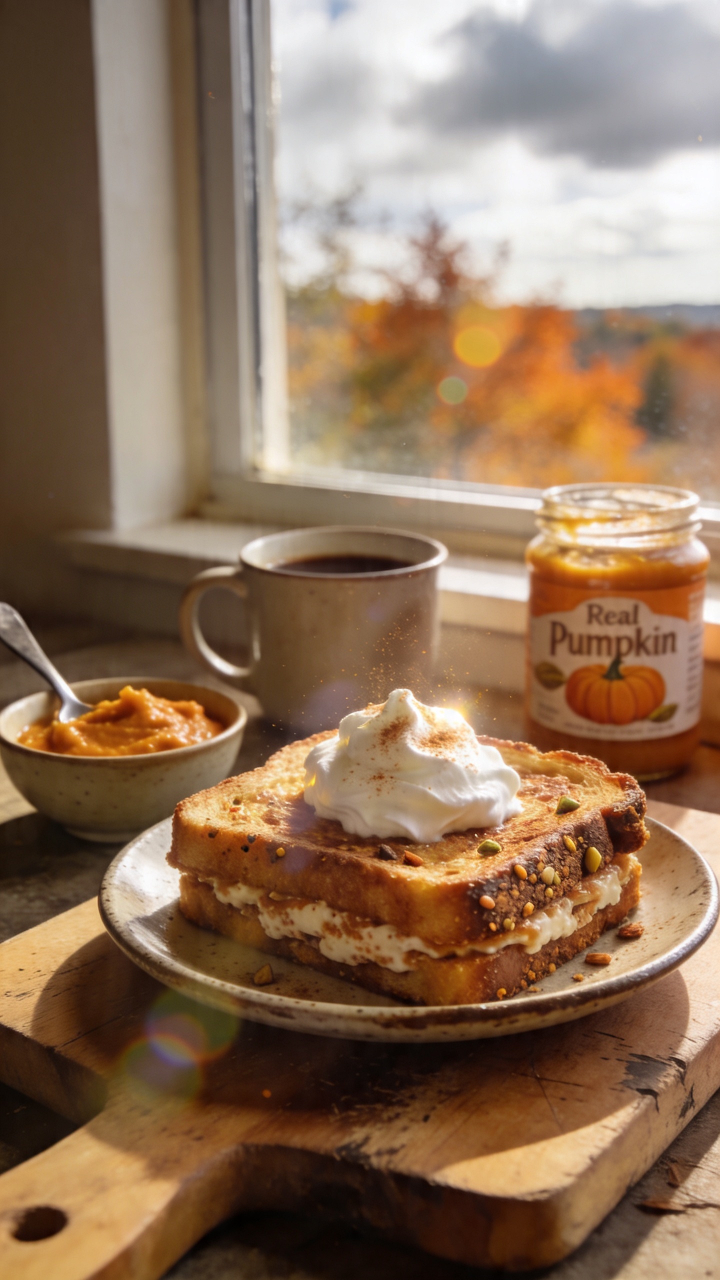 A cozy, real-life kitchen counter scene featuring a slice of Pumpkin Spice Cottage Cheese French Toast perched on a rustic plate. The plate sits on a scratched wooden cutting board beside a small bowl of pumpkin puree and a spoon, with a cloudy autumn light pouring in from a nearby window. The toast has a slightly crusty edge, a warm golden-brown color, and visible specks of cinnamon and nutmeg. A dollop of whipped cream with a light dusting of cinnamon sits on top, catching gentle highlights. In the background, a mug of coffee and a jar of real pumpkin puree add depth. The scene should feel unposed and natural—no staging, as if quickly photographed in a busy, homey morning. Slight overexposed highlights on the toast, a touch of lens flare from the window, minor motion blur in the foreground edge, and a softly grainy texture that varies with light. Horizon slightly tilted, a fingerprint on the lens, and a casual, everyday composition. Shot quickly with natural window lighting, compressed, 1080p quality, no text on the image, no cinematic or studio terms. Optional subtle post-processing hints: gentle color tweaks and a tiny bit of sharpening, but keep it looking like a real iPhone snap.
