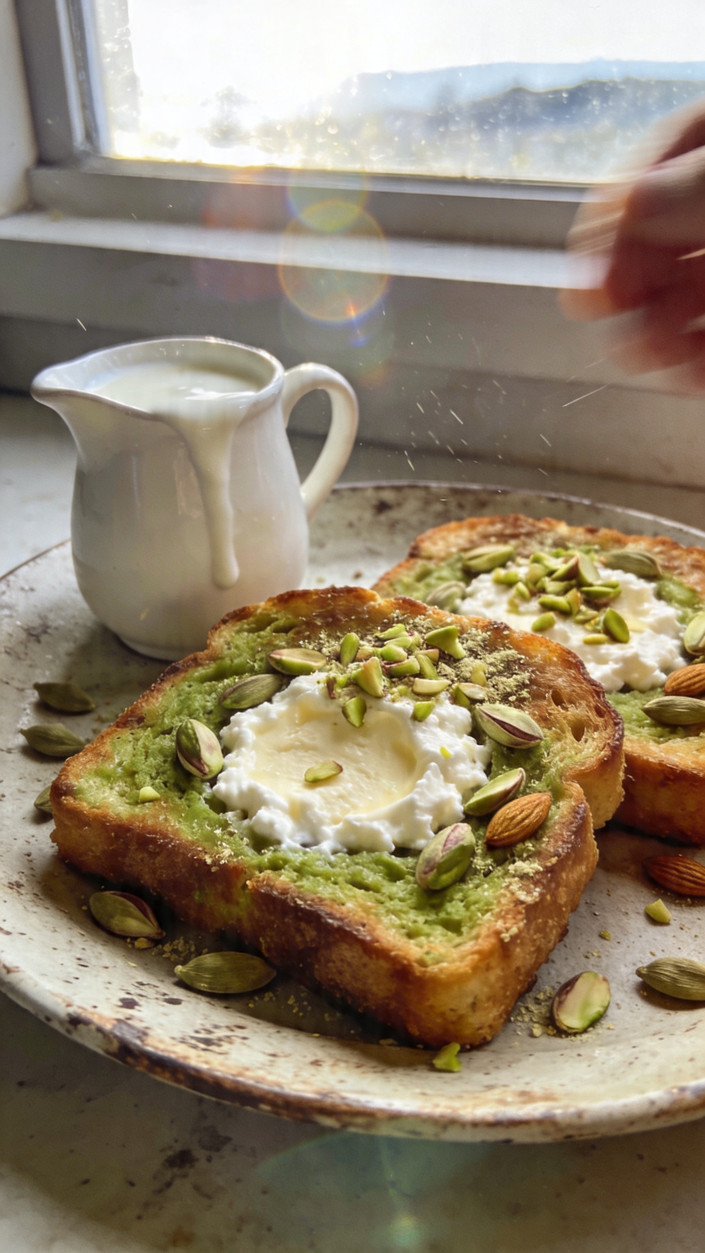 A real, authentic photo of Cardamom Pistachio Cottage Cheese French Toast on a casual dining setup, green-tinted pistachios and warm cardamom visible, cottage cheese center looking soft and creamy, slices arranged on a rustic plate with a light dusting of chopped pistachios. Natural window light streaming in, slightly angled, everyday kitchen counter with a simple yogurt drizzle pitcher nearby. Casual, imperfect composition: slight overexposed highlights from the window, subtle lens flare, a tiny motion blur from a passing hand, and a faint horizon tilt. Grain varies with light, 1080p-like quality, no staging or professional look, finger­print on lens, a sense of “shot quickly” and “taken in a hurry.” No text, no words. Optional subtle post-processing hints: scaled down and up again, slight smart blur with sharpening, recolored with a flat paint bucket for a gentle, understated finish.