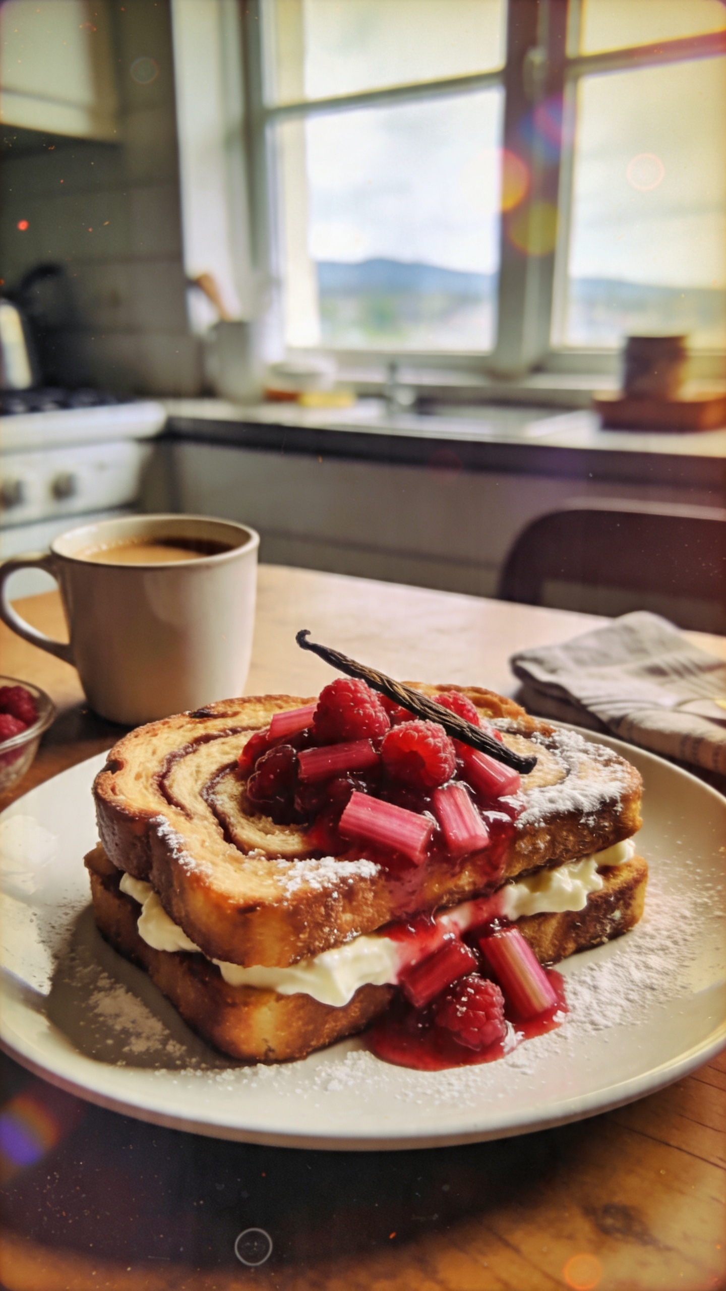 A real, authentic photo of Vanilla Bean Cottage Cheese French Toast with Raspberry Rhubarb, as if shot for a weekend brunch feature. The main subject features thick slices of toast swirled with vanilla bean, a creamy cottage cheese layer showing through, topped with a glossy raspberry rhubarb compote and a light dusting of powdered sugar. The toast sits on a simple white plate on a wooden table by a kitchen window. Bright vanilla notes should be implied by the warm, inviting color of the toast and the vibrant red-pink of the rhubarb compote. A cup of coffee and a quick, casual arrangement nearby add to the brunch vibe. Shot quickly with natural window light, casual composition, slightly imperfect, realistic feel. Include realistic phone-camera imperfections: slightly overexposed highlights from the window, gentle lens flare, minor motion blur from a casual movement, grain that varies with light, and a slightly tilted horizon. No staging, no words on the image, no text. Fingerprint on lens and a minor vignette to hint at quick capture. Composited as “compressed, 1080p quality” with subtle post-processing touches that keep it looking natural but not overly polished: slight smart blur with gentle sharpening and a muted color balance to avoid an overly glossy look. The overall mood is warm, inviting, and authentic to a cozy home kitchen morning.