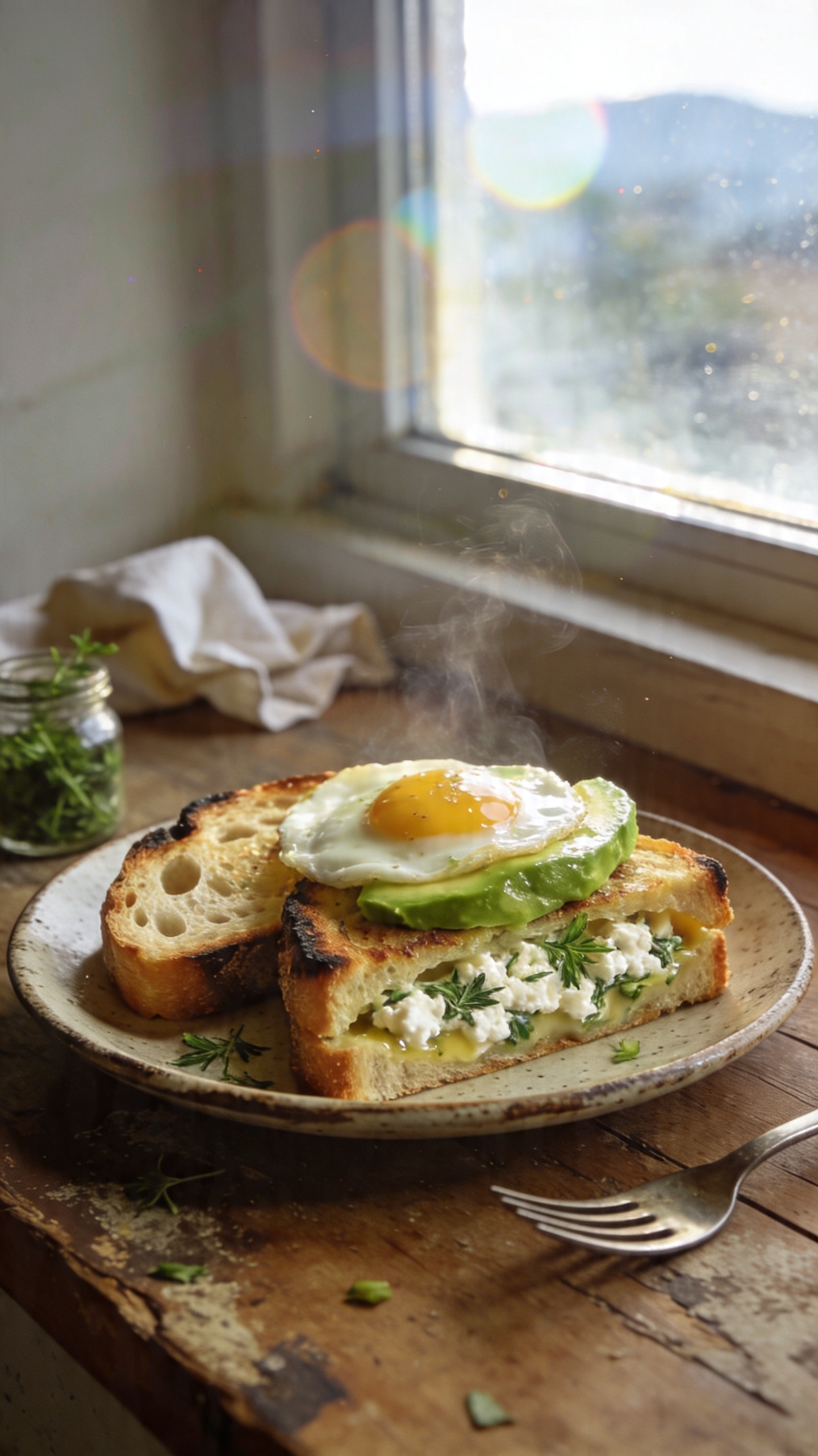 A real, unposed kitchen scene featuring Savory Herb and Garlic Cottage Cheese French Toast as the main subject, presented on a rustic plate with a fried egg and avocado topping. Fresh herbs glisten in the batter visible in the toast’s interior, with steam rising faintly. Sourdough toast slices are airy and slightly charred at the edges, set on a worn wooden table near a window. Natural window light floods the scene, casting soft shadows and a warm, inviting tone. The plate sits slightly off-center, with casual, imperfect props: a fork resting nearby, a small jar of herbs, and a crumpled napkin. Shot quickly in an everyday kitchen, no staging, to resemble a candid breakfast moment. Include realistic phone-camera imperfections: slight overexposed highlights on the glossy avocado, gentle lens flare from the window, minor motion blur on a tossed napkin in the background, and a slightly tilted horizon. Grain varies with light; compressed, 1080p quality, fingerprint on lens visible in a subtle way. No text, no branding, no artificial enhancements beyond a natural, lived-in look. Optional subtle post-processing hints: a trace of smart blur and gentle sharpening to mimic a casual, everyday photo.