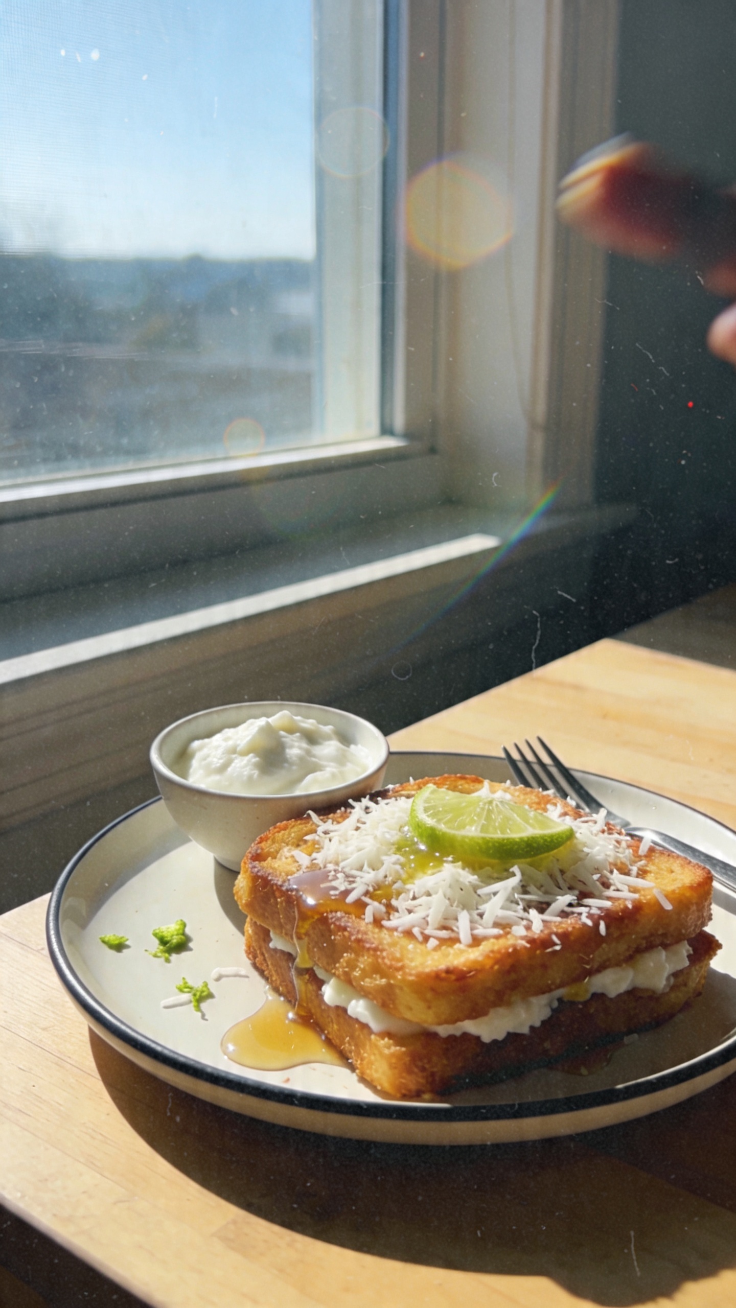 A real, authentic iPhone-style photo of Coconut-Lime Dream Cottage Cheese French Toast as the main subject, captured in natural window light with a casual, slightly imperfect vibe. A plate of golden French toast sits on a light wooden breakfast table near a sunlit window, topped with shredded coconut, a drizzle of lime, and a small bowl of coconut yogurt on the side. Include subtle, candid details: a tiny spill of syrup, a fork resting casually, and a smudge of lime zest on the plate rim. The scene feels unstyled and spontaneous—no staging, no fancy props. Slight overexposed highlights from the window, gentle lens flare, a hint of motion blur from a quick hand gesture, and a touch of grain that varies with the light. The horizon is slightly tilted, adding realism. The image should look like a casual, handheld moment shot quickly on an iPhone, with fingerprint on the lens and a compressed, 1080p quality feel. No text on the image. Optional subtle post-processing touch resembling slight smart blur and informal color tweak, but keep the overall look natural and not overly polished.