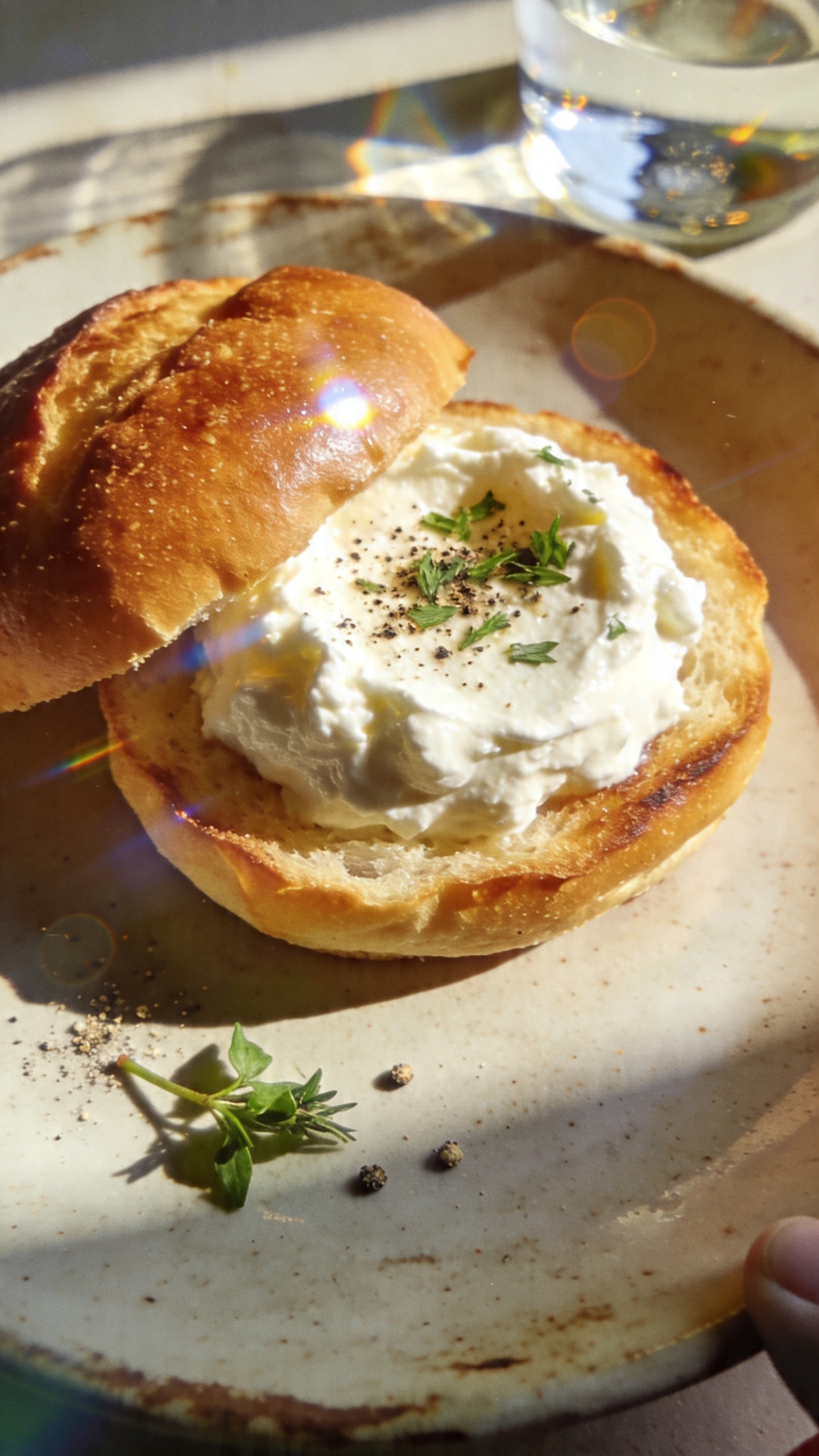 A real, authentic photo of a creamy cottage cheese breakfast on a warm bun, captured as if the moment was photographed on an iPhone in a cozy kitchen. The main subject is a soft, toasty brioche bun sliced open with a generous scoop of creamy cottage cheese in the center, lightly sprinkled with cracked pepper and a few fresh herbs for brightness. The scene includes natural window light filtering in, casting gentle, uneven shadows across a casual, imperfect breakfast setup: a slightly chipped ceramic plate, a small herb sprig, a tiny pinch of pepper, and a faint reflection from a glass of water in the background. The composition feels spontaneous and un-staged, like it was shot quickly in a hurry with no professional setup. Expect realistic phone-camera imperfections: slight overexposed highlights on the glossy cottage cheese, a tiny lens flare near the edge of the bun, minor motion blur from a casual hand placement, and grain that varies with the light. Horizon may tilt slightly, and there could be a fingerprint on the lens subtly visible in soft focus. The image should look like compressed, 1080p quality, with no text on the photo. Optional subtle post-processing may show a slight smart blur with sharpening and a flat recolor, but still maintaining an authentic, everyday breakfast vibe. No words or captions.