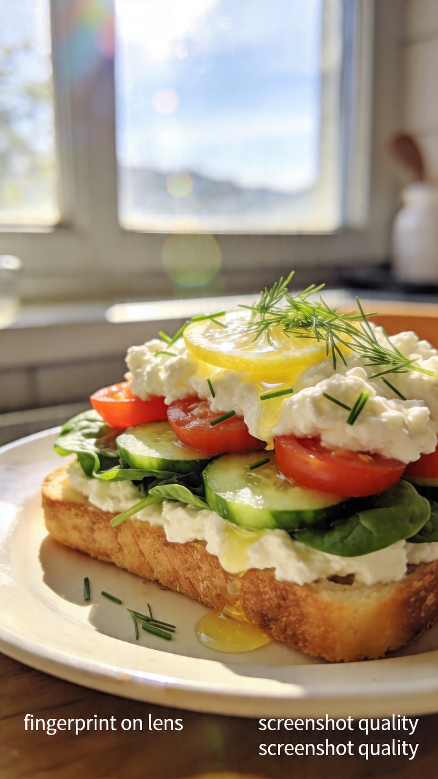 A real, authentic photo of a cottage cheese breakfast sandwich on toast featuring vibrant veggie toppings—cucumbers, cherry tomatoes, spinach, fresh dill or chives, with a light squeeze of lemon juice. The sandwich should be assembled to emphasize crunch and freshness, with veggies layered under the cottage cheese to prevent sogginess. Capture a casual, homey breakfast vibe as if photographed quickly in a sunlit kitchen window, using natural window light and no staging. Include subtle, realistic phone-camera imperfections: slight overexposed highlights, gentle lens flare from the window, minor motion blur from a casual grip, grain that varies with light, and a slightly tilted horizon. The image should feel like an iPhone shot taken in a hurry, with a slightly imperfect, handheld look, “fingerprint on lens” and “screenshot quality” atmosphere. Avoid words like cinematic, 8k, ultra realistic, hyper realistic, professional photography, studio lighting, depth of field, or perfect composition. Optionally, a light hint of post-processing that keeps it imperfect and believable: scaled down and up again, slight smart blur with sharpening, recolored with a flat paint bucket. No text on the image.