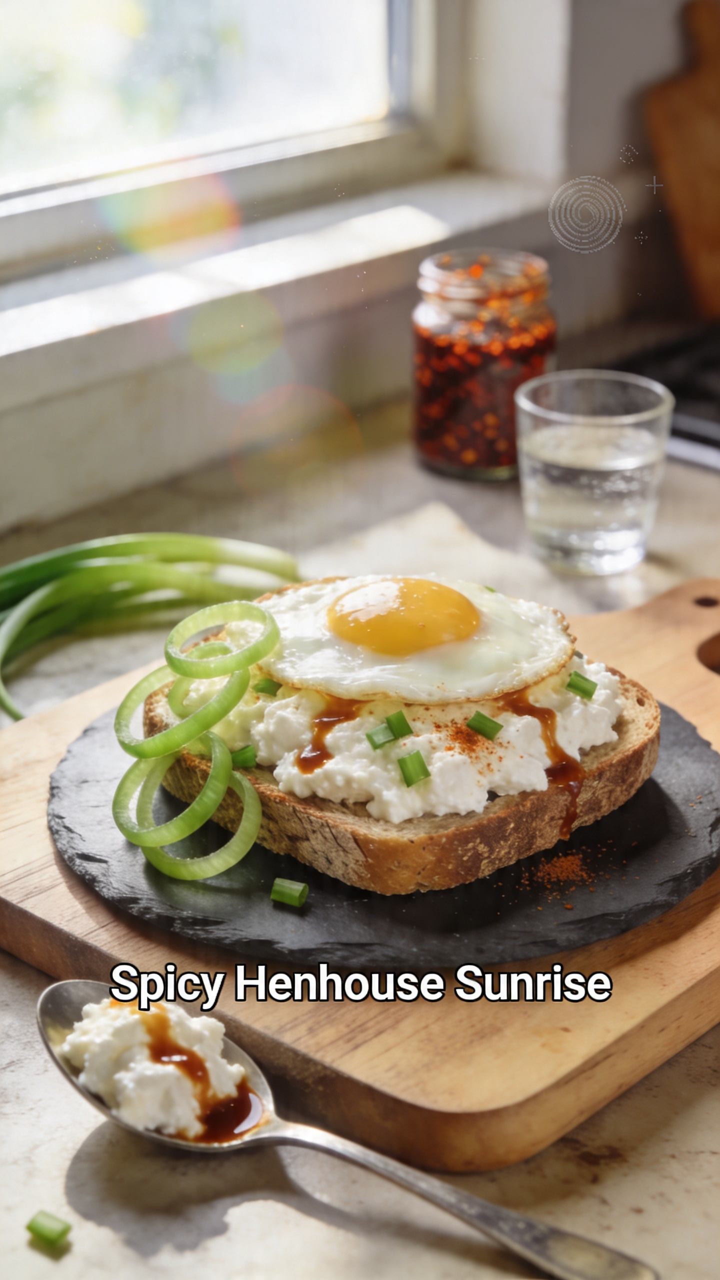 A real, candid photo of a cozy kitchen breakfast scene featuring a cottage cheese breakfast sandwich as the main subject. The sandwich sits on a rustic whole-grain bread slice, topped with cottage cheese, a light drizzle of hot sauce, chopped green onions, and a hint of smoked paprika, with a fried egg on top for extra protein if visible. The scene is shot in natural window light, captured in an everyday, no-staging moment: a slightly imperfect, lived-in countertop with a casual arrangement of ingredients—green onion rings curling over the bread edge, a spoon of cottage cheese with hot sauce visible, a small glass of water, and a jar of chili crisp in the background. The photo should feel authentic and unpolished: slight overexposed highlights from direct sunlight, a touch of lens flare, minor motion blur from a gentle hand shake, and a subtle grain that changes with light. Horizon slightly tilted, some fingerprint on the lens, and a casual, in-a-hurry vibe as if taken quickly on an iPhone. No words on the image. Optional subtle post-processing hints: scaled down and up again, slight smart blur with light sharpening, recolored with a flat, natural tone, to mimic a real smartphone photo. Carry a warm, everyday kitchen color palette with natural textures: wood grain cutting board, slate plate, and soft, diffuse window light. The main subject should be clearly identifiable as the “Spicy Henhouse Sunrise” cottage cheese sandwich, framed as if photographed in a real morning routine, not a styled studio shot. Taken with an iPhone in a casual, realistic moment.
