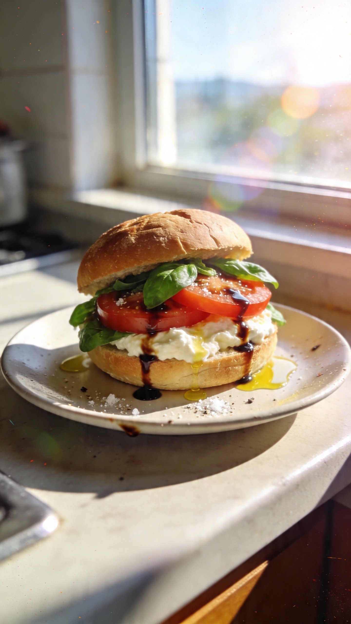 A real, authentic photo of a Caprese Dream on a Bun breakfast sandwich, featuring cottage cheese as the creamy base on a sturdy artisanal bun. The sandwich sits on a simple kitchen counter near a sunny window, with tomato slices, fresh basil leaves, a light drizzle of balsamic glaze, a drizzle of olive oil, and a dash of salt and pepper visible. The cottage cheese should look creamy but light, contrasted by bright red tomato, vibrant green basil, and a glossy balsamic glaze. Capture a casual, slightly imperfect vibe: natural window light, slight overexposed highlights on the tomato and glaze, gentle lens flare from the window, tiny motion blur from a briefly bumped plate, minor grain in the shadows, and a subtly tilted horizon. The scene should feel unscripted and "taken in a hurry," like a quick breakfast shot, with no staging. Avoid words like cinematic or studio lighting; no text on the image. Optional subtle post-processing touches: small, imperfect color tweaks, a touch of digital noise to mimic 1080p phone photo quality, and a faint, minor sharpen/blur mix to simulate a casual phone shot. No AI disclaimer text.