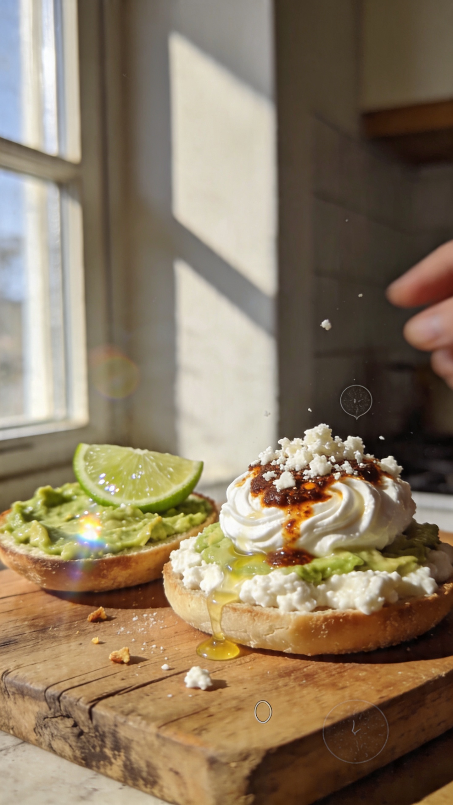 A real, authentic iPhone photo of a cottage cheese breakfast sandwich featuring the Smoky Chipotle with Avocado as the main subject. The scene shows a casually plated open-faced breakfast sandwich on a rustic wooden board, with crushed avocado spread and lime on one half, a dollop of cottage cheese swirled with a chipotle paste, and crumbled cotija or feta sprinkled on top, with a light drizzle of lime juice. Natural window light from the side casts soft shadows, imperfect but warm. Slight, imperfect details: a few crumbs on the board, a tiny fingerprint on the lens, a faint lens flare from the window, subtle overexposed highlights on the avocado, minor motion blur from a casual hand touch, and a slightly tilted horizon to emphasize realism. The image should feel like a quick, no-staging snapshot—fingerprint on lens, compressed 1080p quality, screenshot-like texture, and no overly sharp, professional grading. No text on the image. Optional, very light post-processing hints: slight smart blur with gentle sharpening to simulate casual editing, recolored with a flat, near-natural palette. The main subject remains clearly visible and appetizing, conveying a “lunch-break-munch-yet-perfect-for-mornings” vibe in a real kitchen or breakfast nook.
