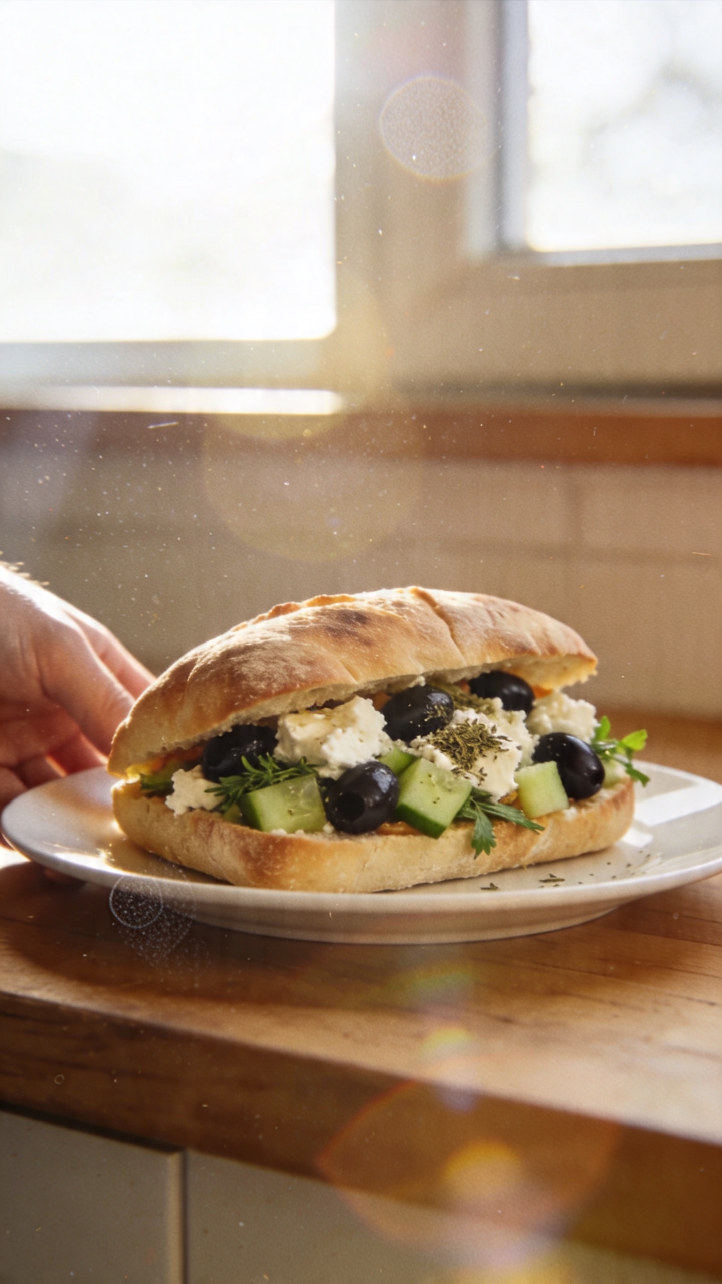 A casually arranged breakfast scene featuring a Mediterranean Morning Melt sandwich as the main subject, photographed in a real-life kitchen with natural window light. The sandwich sits on a simple plate on a wooden countertop, with warm pita or ciabatta bread visible, crumbled feta, black olives, diced cucumber, oregano, and fresh herbs subtly peeking from inside. The shot has a relaxed, imperfect vibe: slight overexposed highlights from the window, gentle lens flare, a touch of motion blur from someone reaching for the plate, and a slight horizon tilt. The image should feel like an iPhone snapshot taken in a hurry, with no staging. Include realistic phone-camera imperfections: fingerprint on the lens, compressed 1080p quality, minor grain, and natural color shifts. No text, no words, and no AI-replica polish. Subtle post-processing hints: minimal color boost and a light, flat look to suggest a quick, unedited capture. The main subject remains the Mediterranean Morning Melt, exuding savory depth without a full skillet, ready for a busy morning.