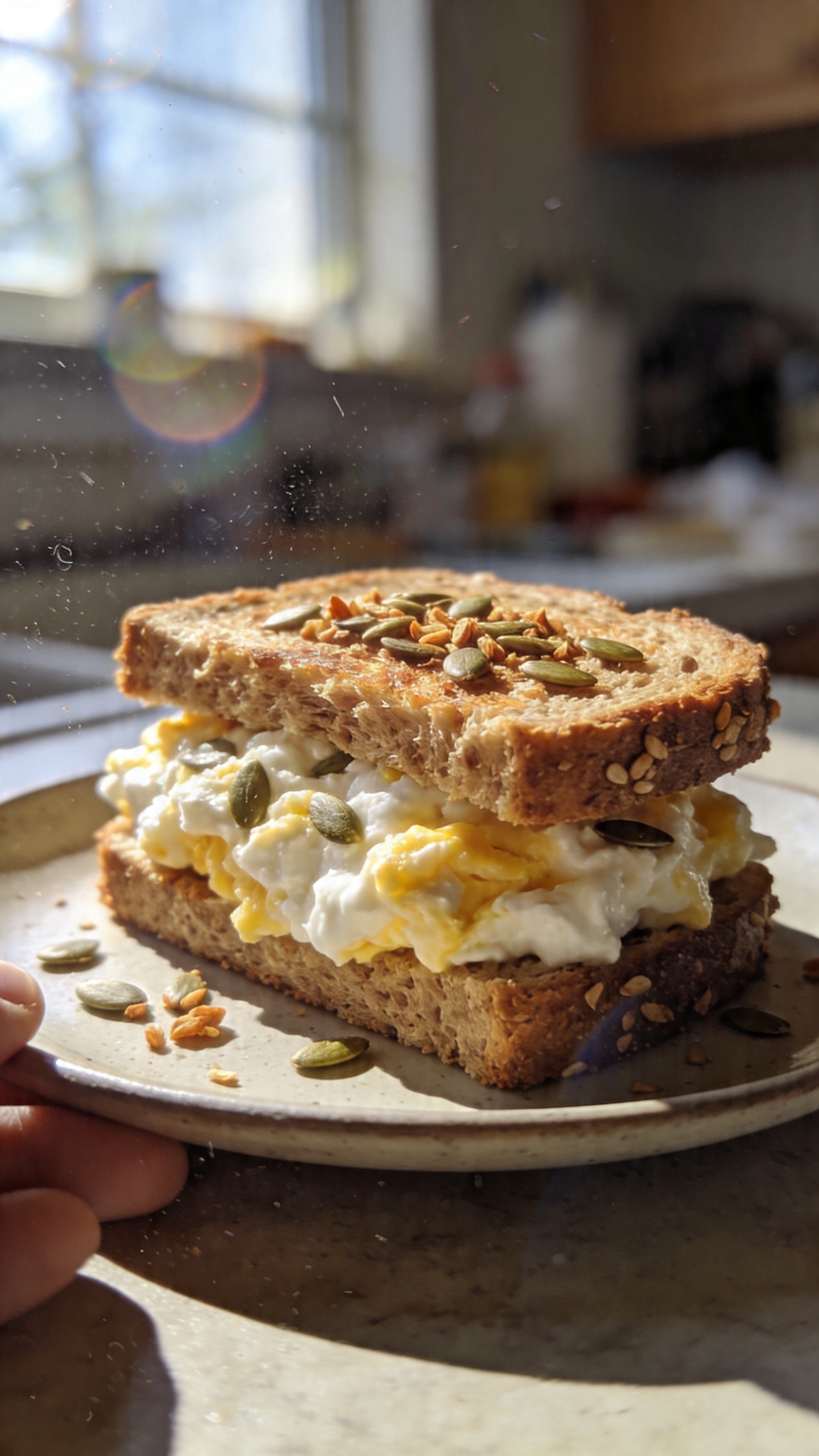 A realistic, unpolished photo of a cottage cheese breakfast sandwich featuring an egg-white scramble with toasted whole-grain bread and sprinkled pumpkin seeds for crunch, photographed as if captured on an iPhone in a casual, real-life kitchen setting. The scene shows natural window light streaming in, a slightly imperfect composition, and a candid, in-the-moment vibe: partial shallow depth due to handheld shot, slight overexposed highlights on the cheese and seeds, minor lens flare from the sun, a touch of motion blur from a quick grab, and grain that varies with light. The sandwich is assembled off-center on a simple plate with a neutral countertop and a blurred background suggesting a busy morning. No staging, no words on the image, just a raw, everyday breakfast moment. Include subtle imperfections like fingerprint smudges on the lens, a tilted horizon, and a compressed, 1080p quality feel. Optionally hint at light post-processing to mimic real-iPhone capture, such as slight smart blur with sharpening and a flat color tweak, but keep the overall look authentically spontaneous and unglamorous.