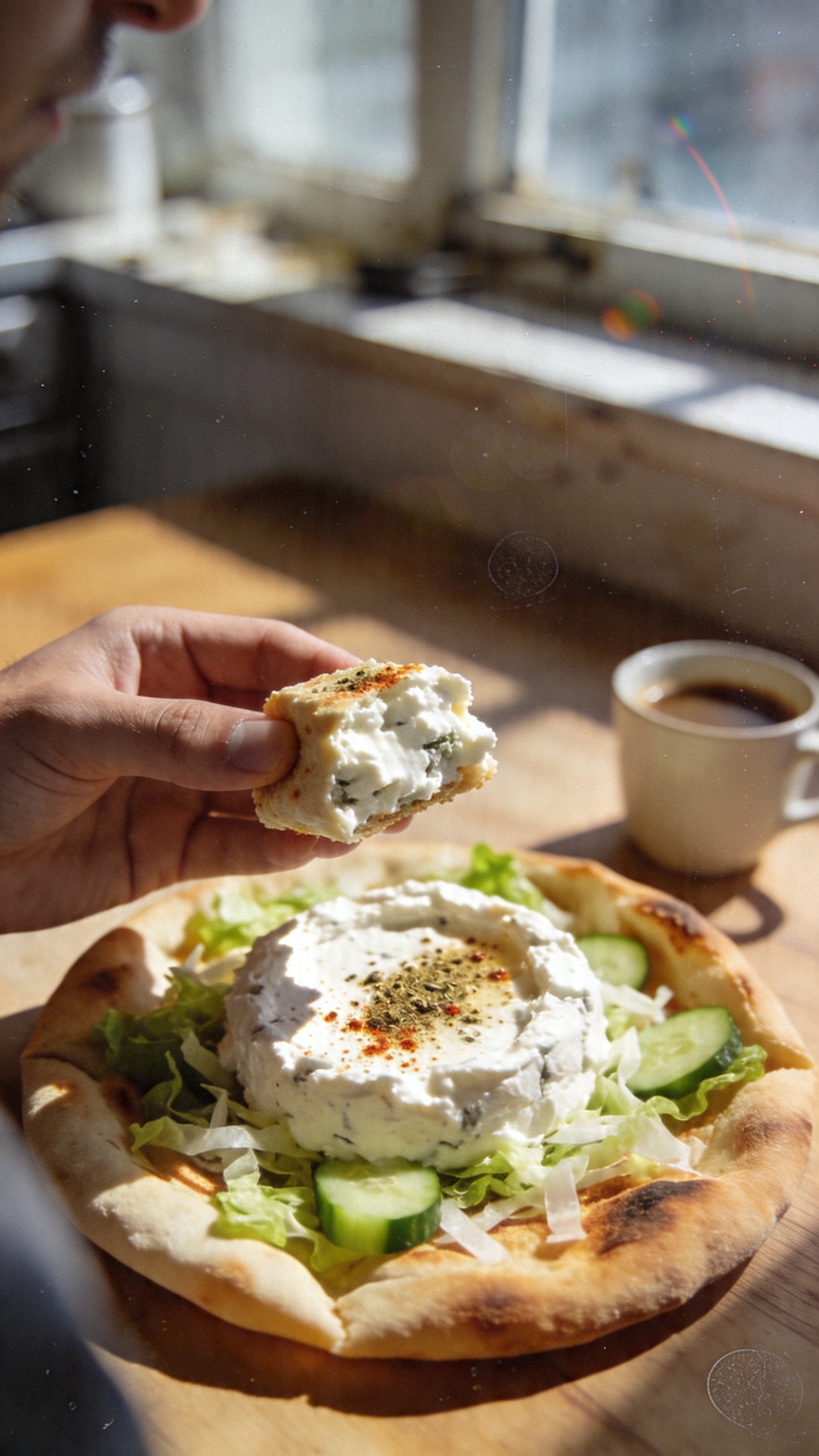 A candid, real-feel photo of a breakfast scene featuring a portable cottage cheese gyro-inspired bite as the main subject, styled to resemble an authentic iPhone snapshot. The scene shows a warm, slightly toasted pita pocket opened to reveal a creamy cottage cheese center with gyro-inspired spices—cumin, coriander, and a pinch of paprika—scattered with shredded lettuce and sliced cucumber for crunch. The main subject is a hand-held bite-size portion perched atop the open pita, with the soft, creamy texture of cottage cheese visible and a few spice specks catching the light. Natural window light pours in from the side, casting gentle shadows and giving the scene a casual, lived-in look. The background includes a simple breakfast setup: a wooden table, a small cup of coffee, and a faint out-of-focus kitchen window sill, all in a slightly imperfect arrangement. Capture with a real iPhone vibe: slightly overexposed highlights on the cheese, a hint of lens flare from the window, minor motion blur from a quick hand move, and a touch of grain that varies with the light. Horizon slightly tilted, edge of frame showing the phone held in the photographer’s hand for a spontaneous feel. The image should feel “shot quickly,” with no staging, no professional lighting, and a natural, relatable moment—like a morning passport stamp of flavor. No text on the image. Slight post-processing that remains subtle: minor contrast boost, gentle saturation push on the greens and warm tones, a light sharpen to keep texture, and a small amount of motion blur retained for authenticity. Compressed, 1080p quality, fingerprint on lens imperfections subtly present.