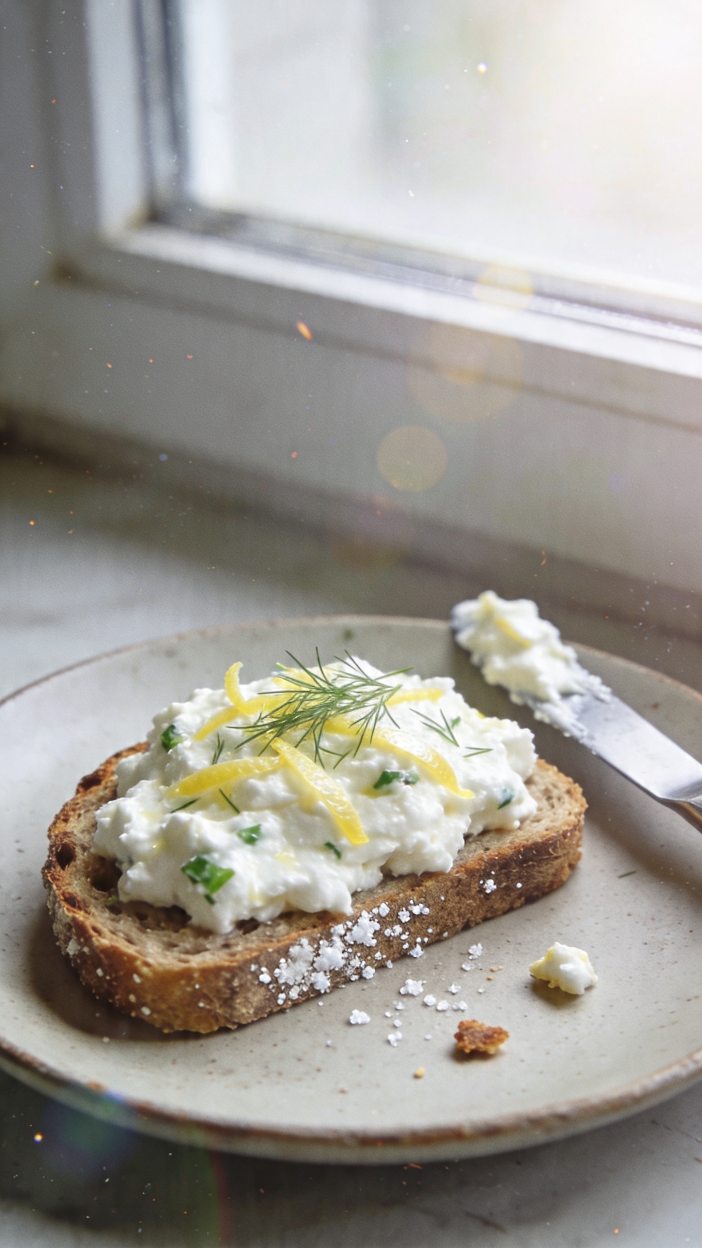 A real, authentic photo of a cottage cheese breakfast sandwich on rye bread, titled "12. Lemon-Herb Zing on Rye." The scene features fresh cottage cheese with visible lemon zest and dill sprinkled on top, set on a rustic rye slice with a light dusting of sea salt. The sandwich sits on a simple ceramic plate near a window, with natural morning light filtering in. The composition is casual and imperfect: slight tilt of the horizon, a few crumbs, and a casually placed knife with a smear of cottage cheese. Capture the textures of creamy cottage cheese, the bright zest, and the green herb flecks against the rye's toasted edges. The photo should feel like a quick iPhone snap taken in a hurry, with no staging. Include realistic phone-camera imperfections: slight overexposed highlights from the window, a tiny lens flare, minor motion blur from a quick hand tilt, and grain that varies with the light. No text in the image. Optional subtle post-processing hint: compressed, 1080p quality with a slight smart blur and gentle sharpening, maybe a hint of recolor to a flat, natural tone. No words, just the scene.