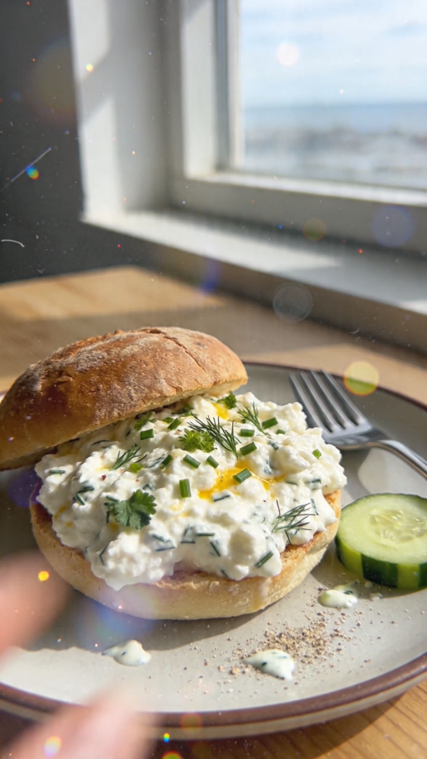 A real, authentic photo of a cottage cheese breakfast sandwich titled “14. Garden Herb Ranch Magic” in a casual, homey kitchen setting. The sandwich sits on a rustic brioche bun with a generous dollop of herb-forward cottage cheese, dotted with minced chives, parsley, and dill. A corner of a crisp cucumber wheel rests on the side for crunch, with a light sprinkling of ranch-seasoning for depth. The scene captures a natural, slightly imperfect moment: the sandwich on a simple plate, perhaps with a fork nearby, on a wooden table near a window. Natural window light creates gentle shadows and a soft, airy feel, but not staged; the photo looks like it was taken quickly with an iPhone. Include realistic phone-camera imperfections: minor overexposed highlights on the plate edge, a hint of lens flare from the window, slight motion blur if a hand is in frame, grain that ebbs and flows with light, and a slightly tilted horizon. The image should feel compressed, 1080p quality, with no obvious post-processing that makes it look overly perfect. No text on the image. Optional subtle hint of post-processing realism: a tiny fingerprint on lens and a faint, natural color slight desaturation to mimic casual, real-life capture.