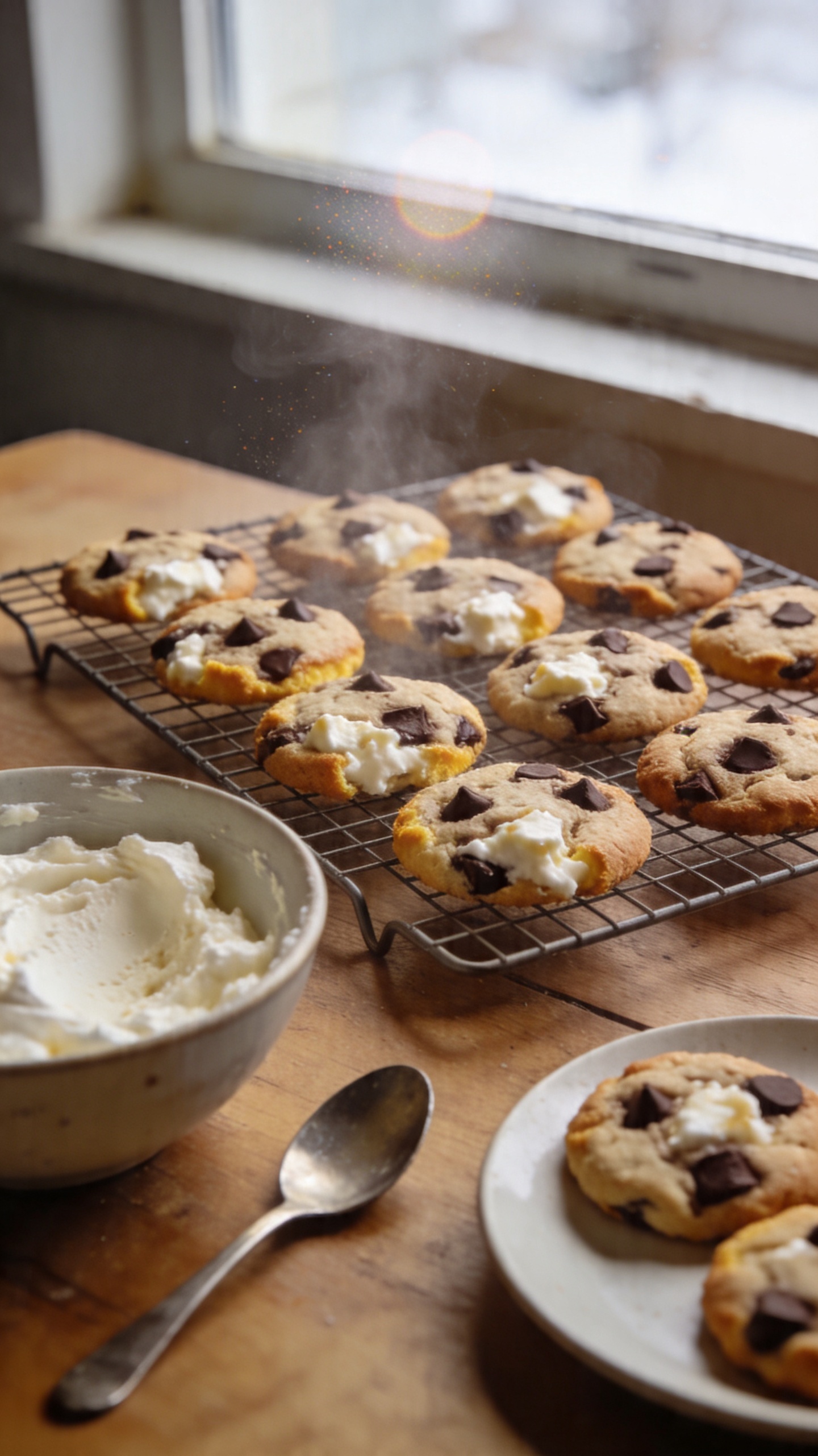 A real, candid photo of chocolate-chip cookies with cottage cheese folded into the batter, fresh from the oven and cooling on a wire rack, slight steam rising, warm natural window light. The cookies are soft in the center with slightly chewy edges, showcasing golden-brown edges and visible dark chocolate chips. The scene includes a casual kitchen setting: a wooden table, a bowl of blended cottage cheese nearby, a spoon, and a small plate with a few cookies. Taken in a hurry, no staging, with a slightly imperfect, authentic vibe. Include subtle imperfections: a fingerprint on the lens, a tiny overexposed highlight from the window, gentle grain, and a slightly tilted horizon. Shot quickly with an iPhone-like feel, 1080p quality, compressed, no text on image, no branding. Optional: a hint of post-processing that looks like a quick edit (slightly smart blur, mild sharpening, flat color). No words in the image.