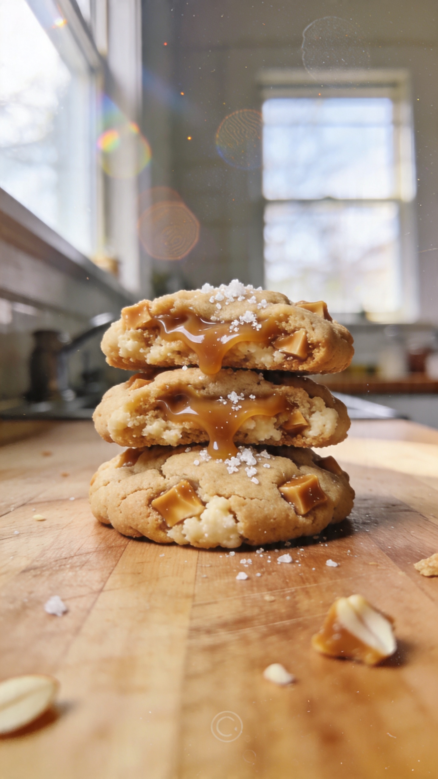 A real, authentic photo of peanut butter salted caramel cottage cheese cookies, clearly the main subject from the article title, photographed with an iPhone in natural window light. Casual, slightly imperfect composition as if taken in a hurry, no staging. The cookies should look tender and chewy with a visible ribbon of gooey caramel and a light sprinkle of sea salt. Include a few crunchy caramel bits for texture bursts and a hint of almond flour for a gluten-free look. The scene feels homey and snack-ready, perhaps on a wooden kitchen counter with soft daylight filtering through a window. Realistic phone-camera imperfections: slightly overexposed highlights on the caramel, a tiny lens flare, minor motion blur or shift in focus, subtle grain variation from lighting, and a slightly tilted horizon. No text on the image. Optional subtle post-processing to appear natural, like “scaled down and up again, slight smart blur with sharpening, recolored with a flat paint bucket,” but keep it looking snapshots-like, not staged. Compressed, 1080p quality, no words, no cinematic or studio terms; shot quickly, no staging, finger­print on lens suggested by the natural, candid feel.
