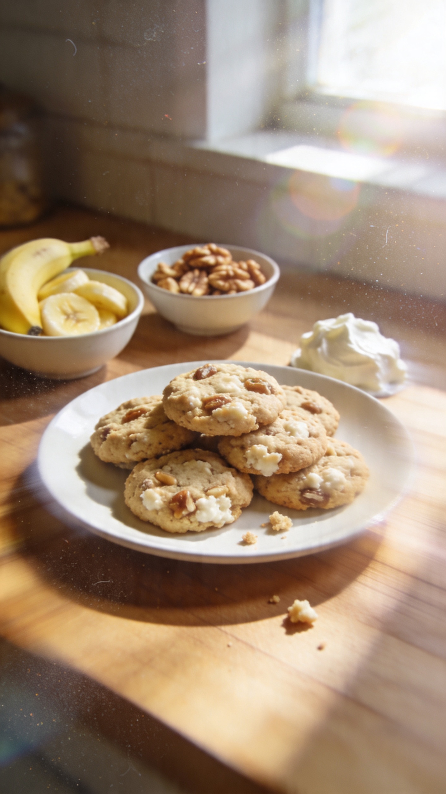 A real, authentic photo of Banana Nut Bliss Cookies With Cottage Cheese, the main subject from the article title, photographed as if captured on an iPhone in natural window light. Casual, imperfect composition: a warm kitchen counter with a simple plate of soft, chewy banana-nut cottage cheese cookies, small bowls of mashed ripe bananas and toasted walnuts in the background, a dollop of cottage cheese visible nearby. Slightly overexposed highlights from sunlight, natural lens flare along the edge of the window, and a few crumbs scattered on the plate. Slight motion blur from a quick pull-back or hand movement, with grainier texture in the shadows, a slightly tilted horizon, and fingerprint smudges on the lens for realism. The scene feels unposed, “shot quickly,” no staging, with a casual, homey vibe. Compressed, 1080p quality, no text, no words, no logos. Optional subtle post-process hints: minor smart blur and light sharpening to simulate a lived-in photo that was scaled down and up again.