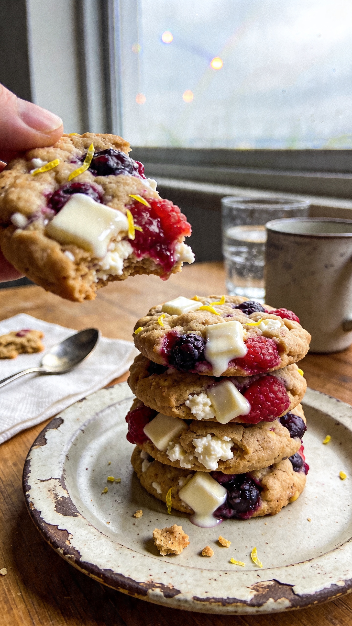 A candid, real-life food photo of Berry-White Chocolate Cheer Cookies with a foreground focus on a plate of cookies nestled with bright berries and melting white chocolate chunks, showing cottage cheese texture peeking through and lemon zest flecks. Scene feels like an everyday kitchen table right after a workout snack, shot quickly in natural window light with warm, soft shadows. Casual composition: a chipped ceramic plate on a wooden table, a glass of water or a mug in the background, slight clutter like a spoon and a napkin, and a few cookie crumbs for realism. The main subject should be the cookie stack or bite in focus, with the berries and white chocolate visible to convey flavor. Capture authentic imperfections: slight overexposed highlights on glossy white chocolate, gentle lens flare from the window, minor motion blur from a casual hand in the shot or a finger briefly on the lens, grain that varies with light, and a slightly tilted horizon. The image should feel unglamorous and real—no staging, no studio lighting, and no visible text. Use an iPhone-like perspective, as if taken on a fast, everyday moment: natural, imperfect, and in 1080p-like quality. Optional subtle post-processing hint: slight smart blur sharpening, muted colors, and a flat overall tone to avoid looking overly polished. No words anywhere in the image.