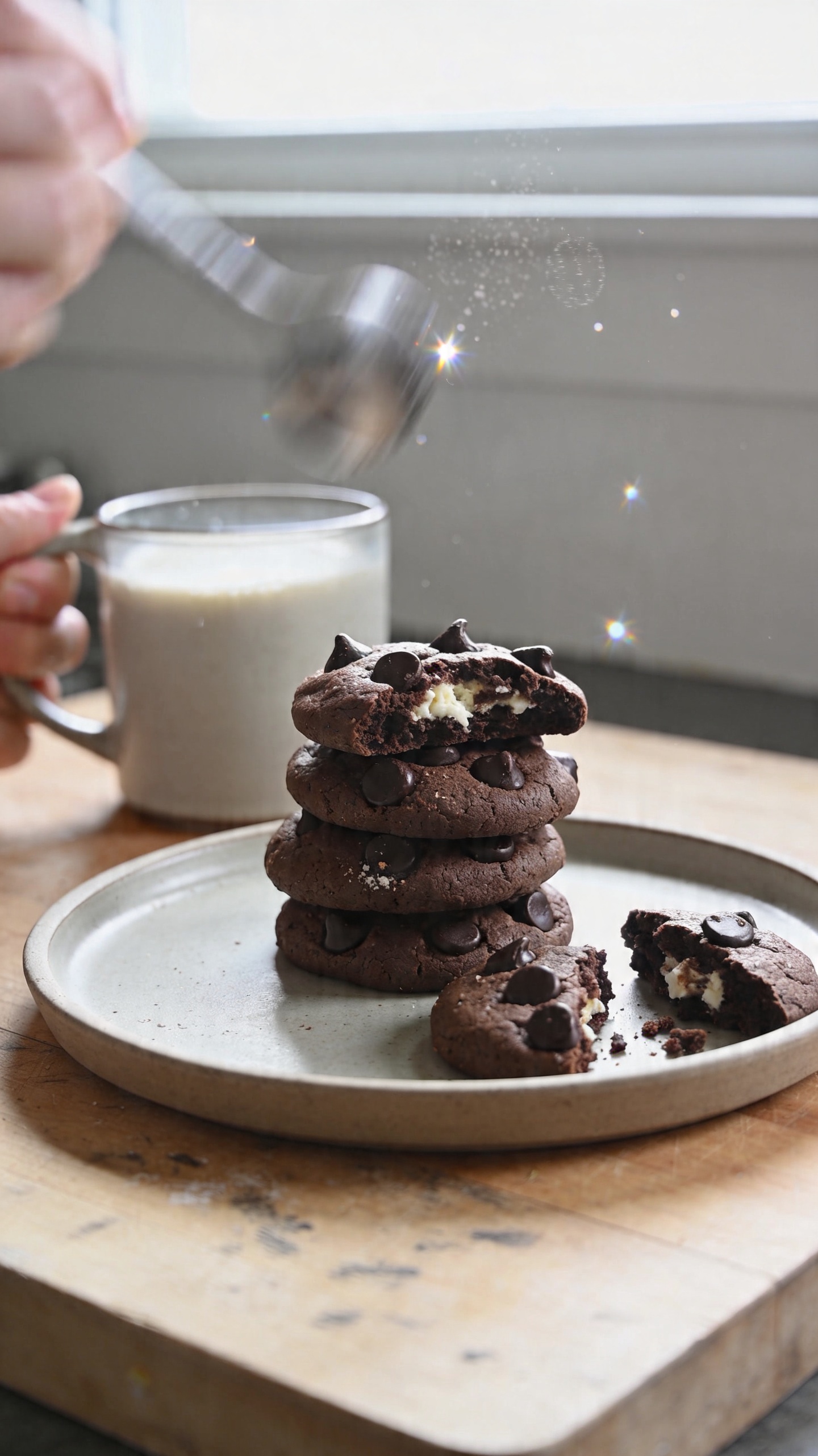 A real, authentic photo of Double-Chocolate Pro Cookies for Serious Snackers on a casual kitchen counter. The foreground shows a small stack of soft, fudgy cookies with dark chocolate chips and a hint of cocoa dust, a dollop of cottage cheese texture visible in the crumb, and a few broken halves revealing their moist interior. Arrange on a simple, everyday plate with a lightly used wooden surface and a mug of oat milk in the background. Shot with natural window light, slightly imperfect framing: a casual, almost hurried vibe as if someone just finished baking. Include realistic camera quirks: tiny overexposed highlights on the glossy chocolate chips, subtle lens flare from the window, a touch of motion blur on a nearby hand or utensil, light grain, and a slightly tilted horizon. No text, no staged setup, no AI-signature look. The image should feel like a quick, unretouched iPhone snapshot—fingerprint on the lens, compressed 1080p quality, no heavy post-processing beyond a tiny, natural lift.