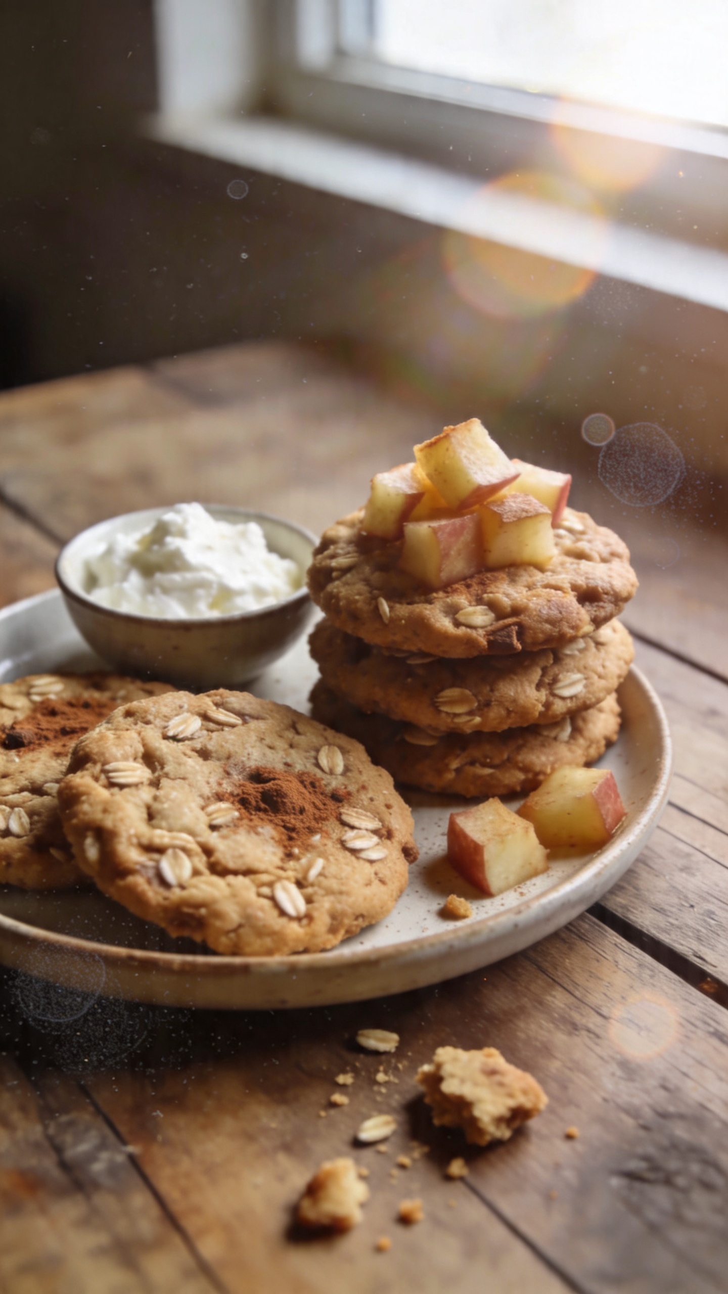 A photo of Cinnamon Apple Oat Cookies with Cottage Cheese on a rustic wooden kitchen table, featuring a stack of soft, chewy cookies with visible oats, cinnamon specks, and small chunks of finely chopped dried apples, nestled beside a small bowl of cottage cheese. The scene is captured as if by an everyday iPhone in natural window light, with a casual, imperfect composition: a slightly tilted horizon, a few crumbs scattered, and a warm, cozy autumn vibe. Subtle overexposed highlights on the dish, a touch of lens flare from a nearby window, and gentle motion blur from a passerby glance; grain varies with light, giving a real handheld feel. No staging, no professional setup, just a quick snapshot in a real home kitchen. The image should feel like “shot quickly,” with fingerprint smudges on the lens and a compressed, 1080p quality look, as if a screenshot captured during a casual moment. No text, no words, no AI-generated indicators. Optional subtle post-processing: a tiny bit of smart blur and sharpening to resemble a casual, everyday photo, with slight color restoration to emphasize warm cinnamon tones.