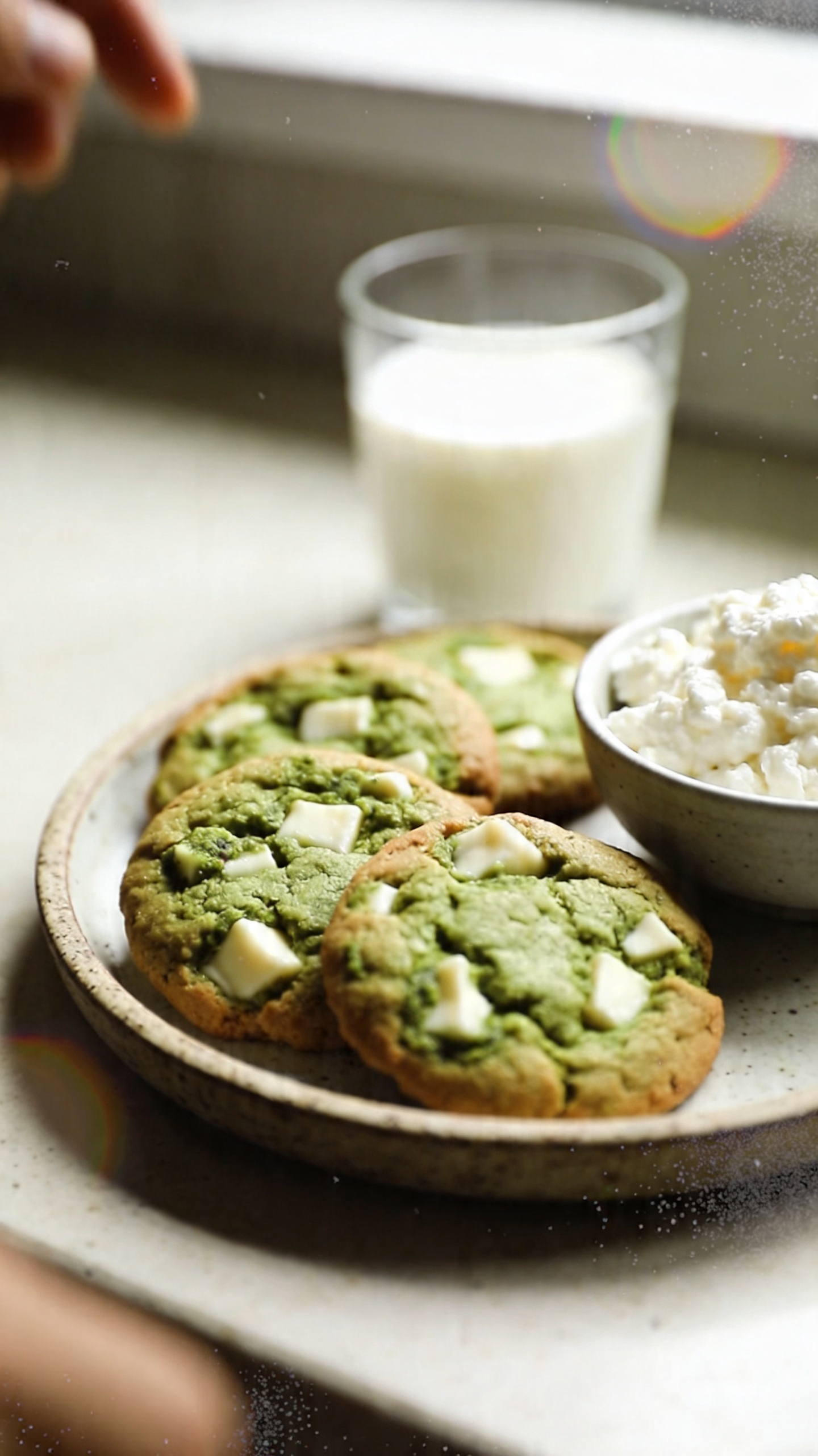 Matcha-White Chocolate Cottage Cheese Cookies on a casual kitchen counter, a real, authentic photo shot with an iPhone. The scene features a plate or small rustic tray holding soft, chewy cookies with a vibrant green-tleck of matcha and visible white chocolate chunks, alongside a small bowl of cottage cheese or a glass of milk to imply pairing. Natural window light spills across the surface, creating gentle highlights and soft shadows. Slightly imperfect composition: the horizon a touch tilted, a fingerprint or smudge on the lens edge, a hint of overexposed highlight on the cookie edges, and a tiny blur from a casual hand movement in the background. The photo looks compressed, 1080p quality, like a quick snapshot taken in a hurry with no staging. Subtle grain from low light, mild lens flare near the corner, and no text or branding visible. The cookies should appear tender yet with a soft center and a slight crisp edge, showcasing the green matcha color and white chocolate bits. No AI labels or heavy editing; a real-life moment captured in a home kitchen, with warm, natural tones and a casual, everyday vibe.