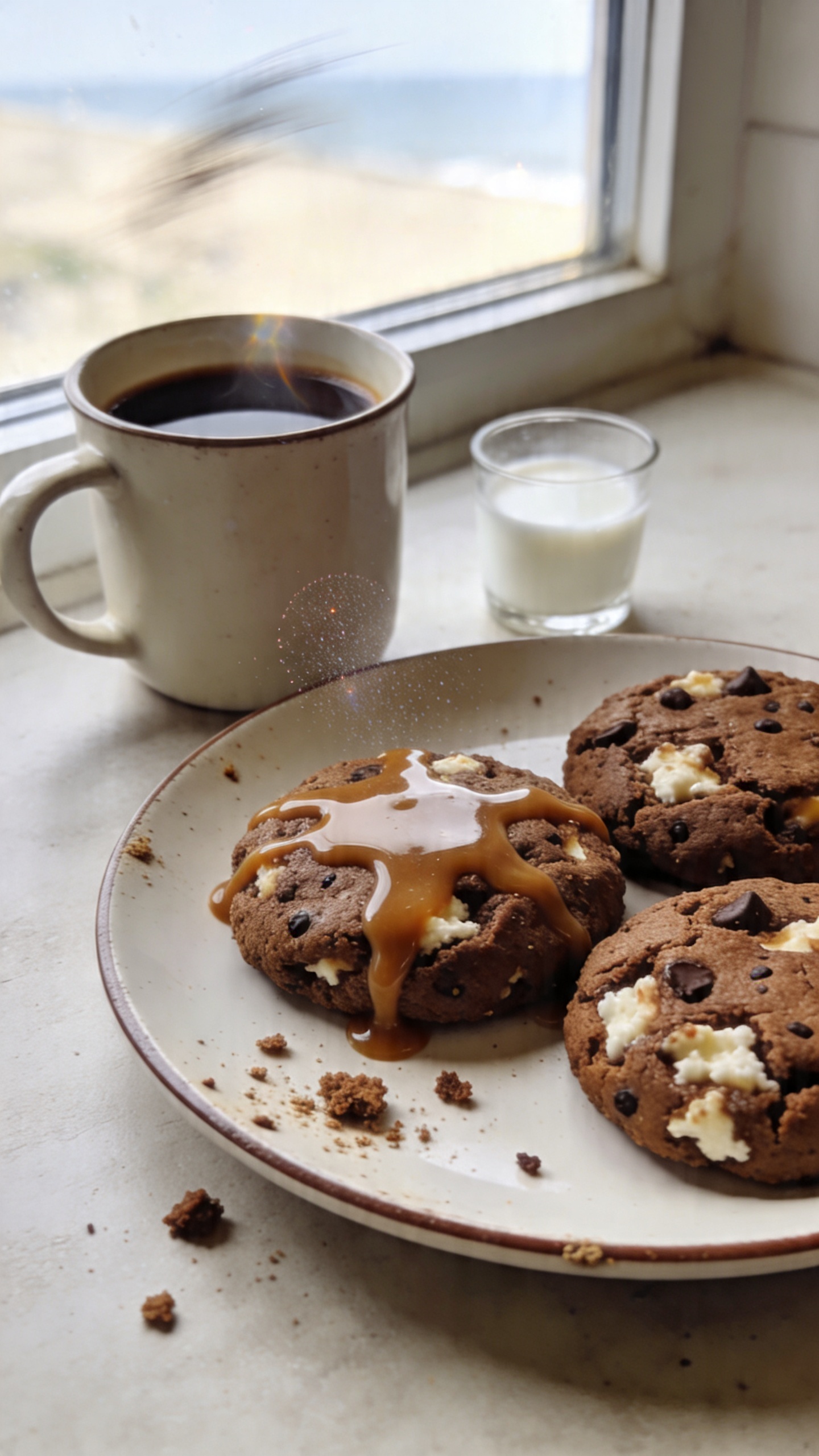A real, authentic photo of Espresso Caramel Cookies with Cottage Cheese as the main subject, photographed to look like it was captured on an iPhone in casual, everyday use. Natural window light from the side, a relaxed kitchen counter scene with a mug of hot coffee nearby and a small glass of milk, crumbs on the plate, a drizzle of caramel visible on top of the cookies. The cookies should appear moist and chewy, with tiny specks of espresso and visible cottage cheese texture. Slight imperfections: a few crumbs on the plate rim, a fingerprint or smudge on the camera lens, a tiny glare from the window, minor motion blur from a breeze or movement, and a slightly tilted horizon. The image should feel unposed and real, with compressed, 1080p quality, occasional overexposed highlights on the glossy caramel, and subtle grain that varies with light. No staging or text in the image. Optional light post-processing hints: a gentle, natural color boost and slight sharpening, but keep it looking like a casual phone photo, not polished. No words of any kind.