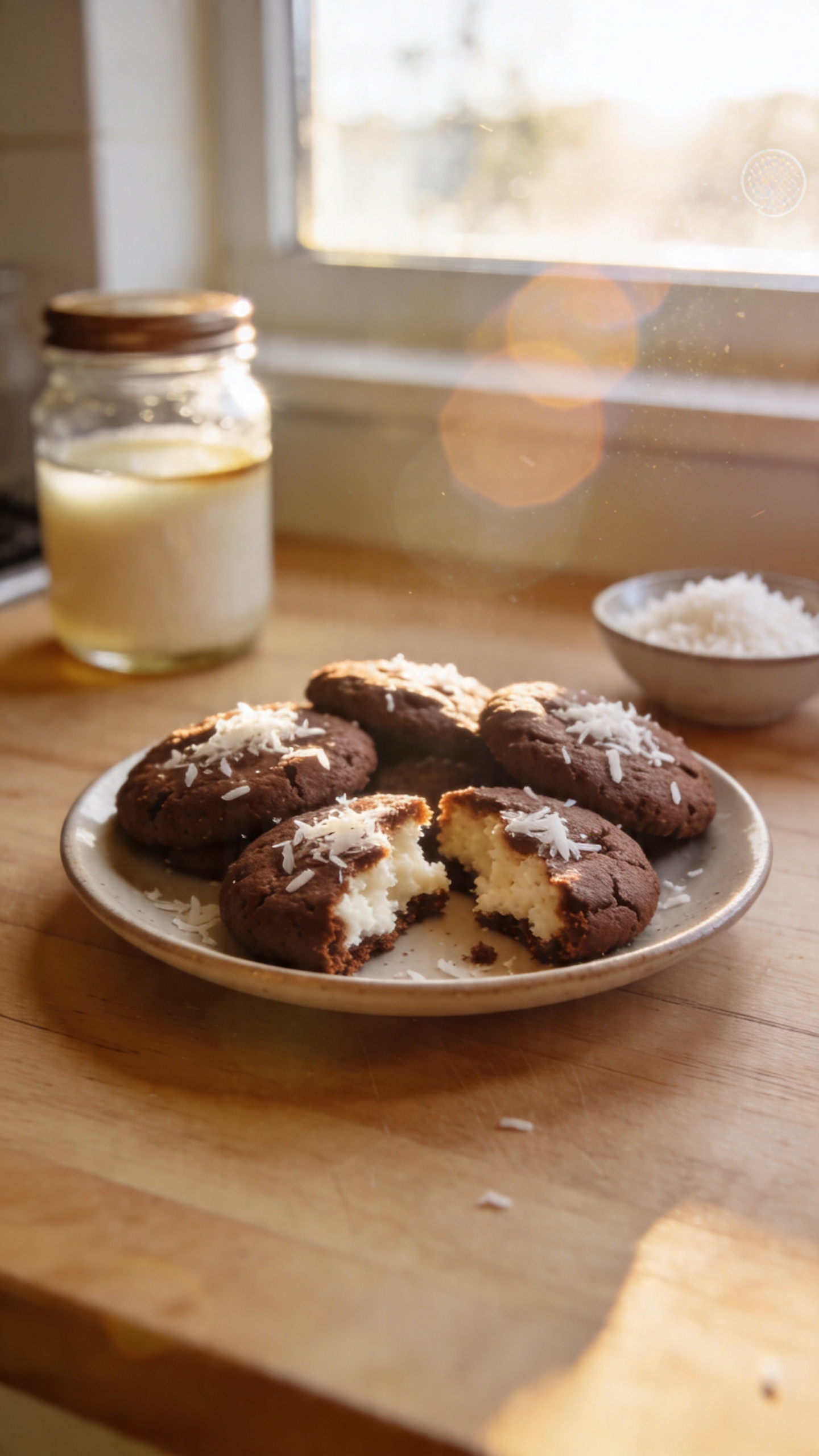 A real, authentic photo of cocoa coconut cottage cheese cookies on a casual kitchen counter, photographed as if taken with an iPhone in natural window light. The scene shows a small plate of warm chocolate coconut cookies with visible shredded coconut and a soft, chewy interior peeking through, with a few cookies slightly broken to reveal texture. Include a jar of coconut oil and a small bowl of shredded coconut in the background for tropical vibes, a light wooden board, and a subtle hazy window glow. The composition is relaxed and imperfect: a slight tilt to the horizon, minor motion blur from a quick hand movement, gentle overexposed highlights on the glossy edges of the cookies, and a touch of grain consistent with low-light natural photography. No staging or artificial studio setup; lighting feels like everyday home photography, with a fingerprint on the lens or slight reflections from the window. The image should look like compressed 1080p quality, taken in a hurry, with no text, no words, and no obvious AI indicators. Optional, a subtle post-processing touch: slight smart blur and a gentle color tweak to warm tones, but still clearly real and unpolished.