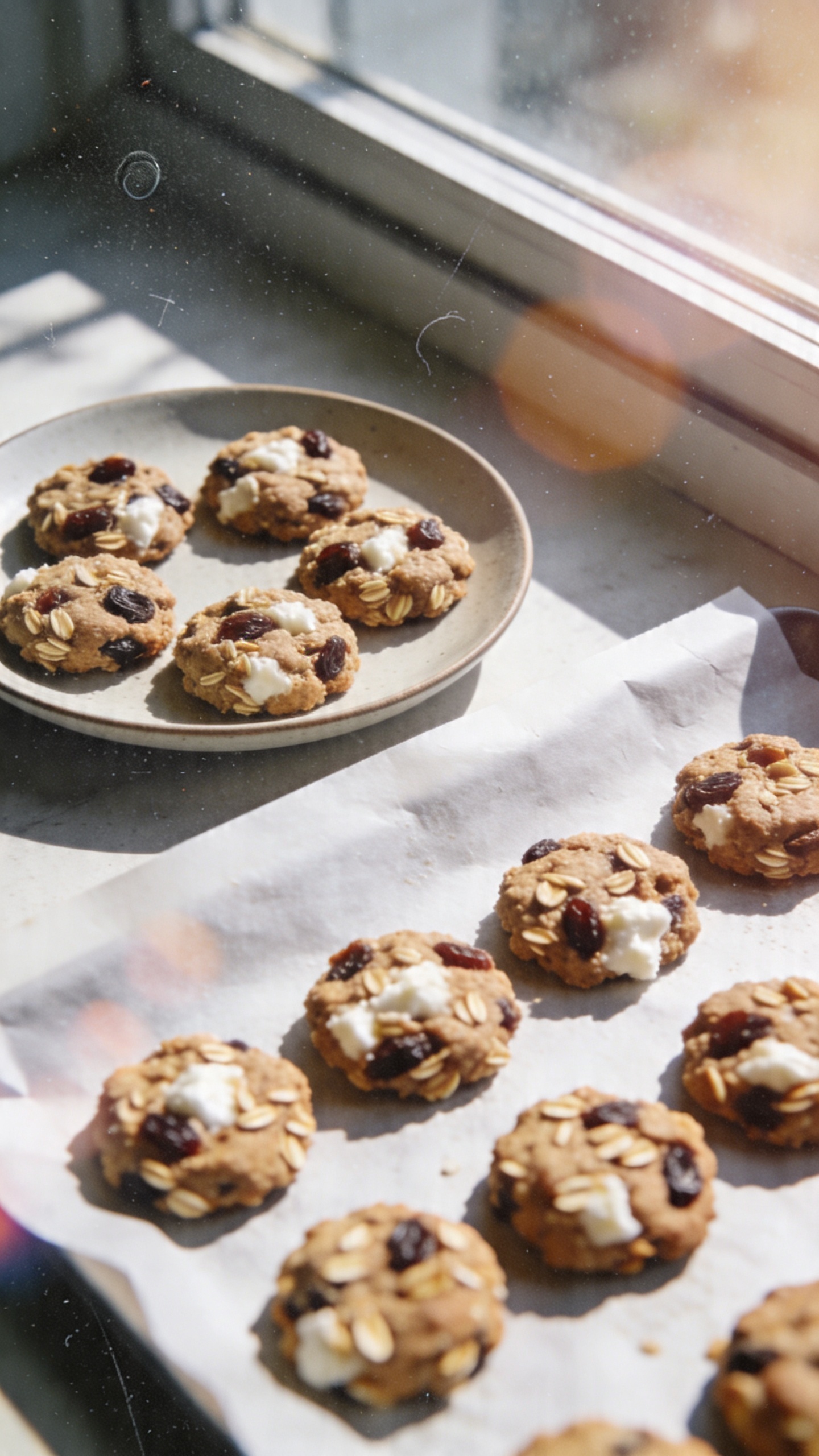 A real, authentic photo of oatmeal raisin protein cookies featuring cottage cheese as the main ingredient, shot like a quick, casual meal-prep scene. The cookies should look chewy with oats and visible raisins, presented on a simple plate or lined up on a parchment-covered baking sheet. Use natural window lighting with soft shadows, captured in a casual, imperfect moment as if taken in a hurry. Include subtle phone-camera imperfections: slight overexposed highlights, a touch of lens flare, minor motion blur from a quick hand movement, and grain that varies with the light. Horizon slightly tilted, no staging or studio setup, fingerprint marks on the lens, and a realistic, slightly compressed 1080p quality feel. Optional: a hint of post-processing that barely smooths but keeps a natural look (low-level sharpening, mild color lift) without creating a polished, professional vibe. No text on the image.