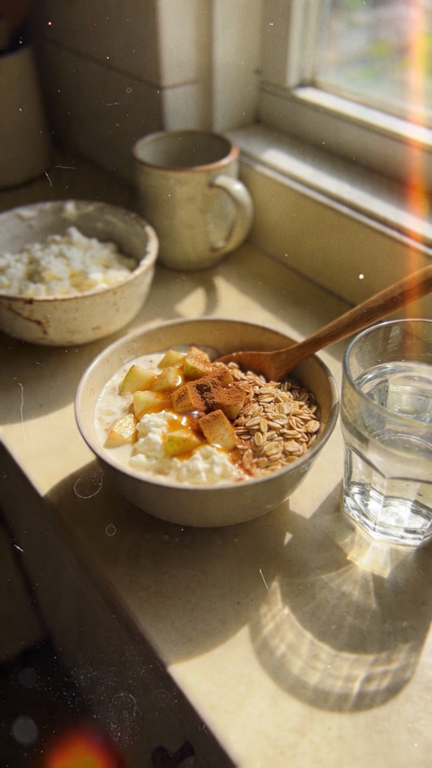 A cozy kitchen counter scene featuring a bowl of creamy Apple Cinnamon Dream, highlighting cottage cheese, diced apples, and warm cinnamon with oats folded in, shot in natural window light. The composition is casual and unposed: a near-full glass of water, a wooden spoon resting on the side, a soft, everyday breakfast setup with a mug in the background, and a slightly imperfect bowl that shows texture of the cottage cheese. The lighting is natural, with gentle sunlight filtering through a window, creating subtle shadows and a warm tone. The image should feel authentic and un-staged, like a real photo taken with an iPhone in a real morning moment: slight overexposed highlights on the apple glaze, a touch of lens flare near the edge, minor motion blur from a gentle hand tremor, and a bit of grain in the darker areas. Horizon may be slightly tilted, and there should be fingerprint smudges or minor imperfections on the lens for realism. The scene is “shot quickly” and “taken in a hurry,” with no obvious professional setup, no text or labels on the image, and no AI-style polish. Optional subtle post-processing hints: light compression to 1080p feel, a tiny smart blur followed by light sharpening, and a restrained color tweak to keep it natural. No words, just the real, everyday feel of a comforting, high-protein cottage cheese breakfast that supports weight-loss goals.