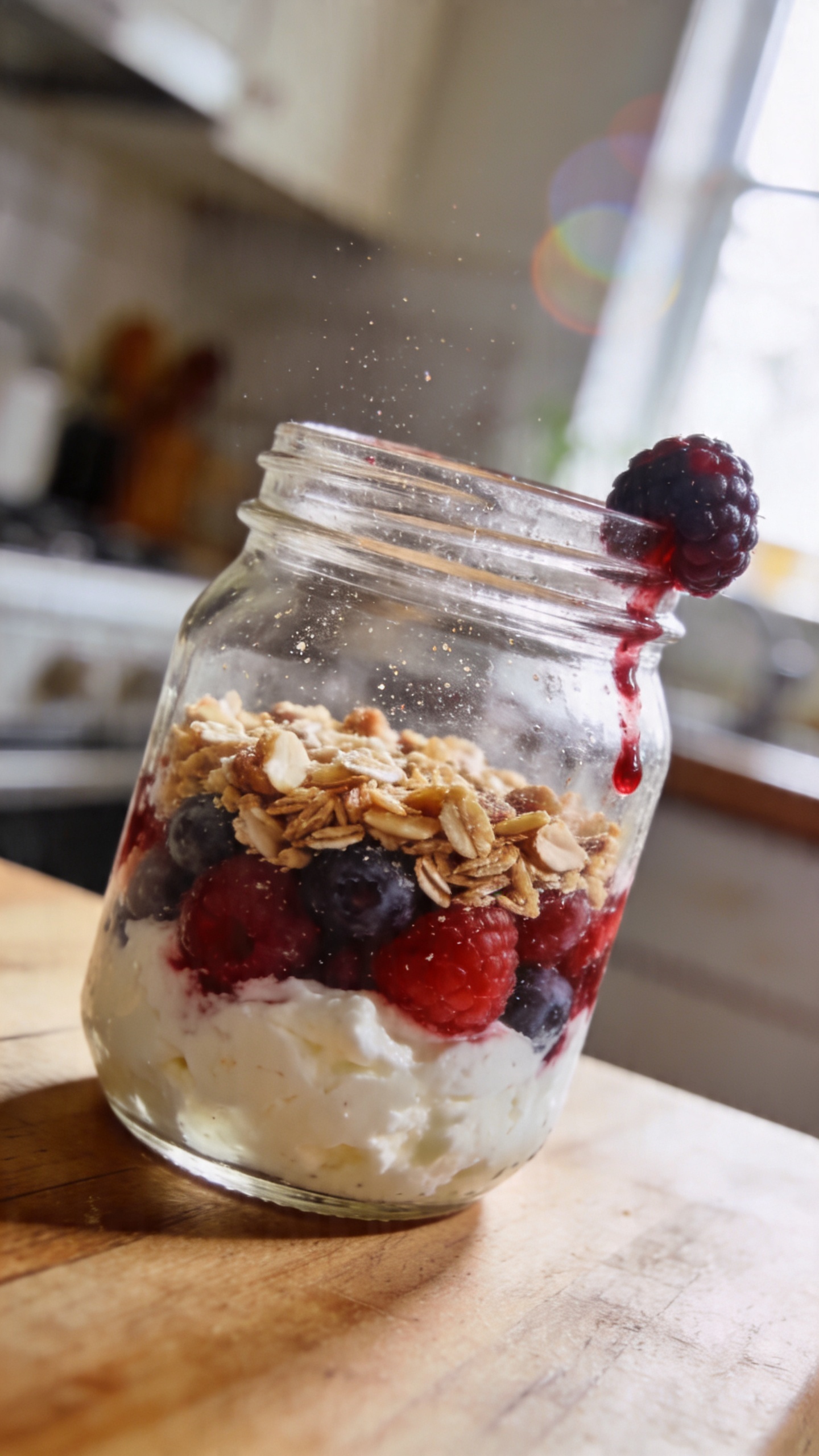 A real, authentic photo of a Berry-Licious Protein Parfait for breakfast, featuring a glass or jar layered with bright, juicy mixed berries and creamy cottage cheese, topped with a light crunchy layer of nuts and granola. The scene should feel indulgent yet light on calories, with a casual, home-kitchen vibe. Shot with natural window light, in a slightly imperfect, realistic style, as if someone grabbed a quick shot in the morning. Composition tips to convey realism: place the parfait off-center on a wooden or light countertop, with a blurry kitchen background. Include subtle, natural imperfections like a small smear of berry juice on the glass, a lone berry or crumb resting on the rim, and a casual, imperfect tilt of the container. Use a shallow, natural angle—no studio setup or staged posing. Camera and quality cues: shot quickly, taken in a hurry, no staging. Slightly overexposed highlights from the window, gentle lens flare near the edge, minor motion blur if you or a hand interacts with the scene, and a grainy texture that varies with light. Horizon may be slightly tilted. The image should resemble compressed 1080p quality, not a high-resolution professional photo. Include fingerprint or dust specks on the glass or lens for authenticity. No text on the image. Optional subtle post-processing hint (keep minimal): light, natural color grading that’s barely noticeable, with a tiny bit of smart blur and minor sharpening to simulate a casual phone capture, then scaled down and up again to mimic a quick social moment. No AI-detection prompts visible.