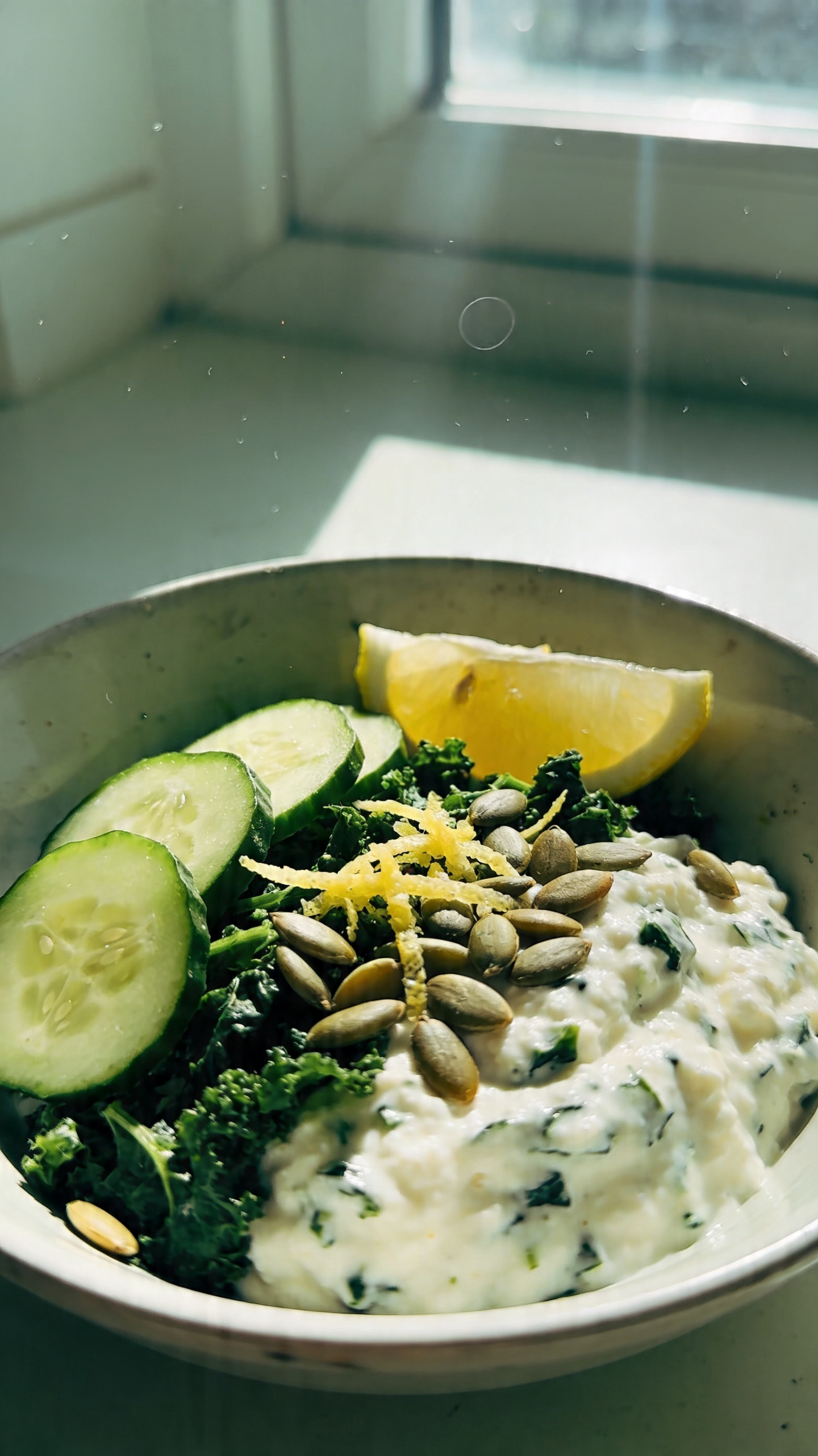 A real, authentic-looking photo of a Green Goddess Morning Bowl featuring cottage cheese as the main subject, photographed as if captured by an iPhone in natural window light. The scene shows a casual, slightly imperfect breakfast setup: a bowl of creamy cottage cheese blended with chopped spinach or kale, cucumber slices, and a hint of lemon zest for zing, topped with a sprinkle of pumpkin seeds for crunch. The greens are visibly integrated into the cottage cheese for a silky texture, with a pale green color palette. The bowl sits on a simple kitchen counter near a sunlit window, with soft, diffuse daylight casting gentle shadows and a warm, morning glow. Include subtle, natural imperfections: a tiny fingerprint on the lens, a faint lens flare from the window, slight overexposed highlight on the edge of the bowl, minor motion blur from a quick, candid moment, and a slight tilt to the horizon. The composition is casual and unstyled, no staging, no text, and the image should feel like compressed 1080p quality taken in a hurry—fingerprints, slight grain, and a touched-up but not polished look. Optional light, subtle post-processing hints could be described as “scaled down and up again, slight smart blur with sharpening, recolored with a flat paint bucket,” but keep the result naturally photo-like. No words or captions on the image.