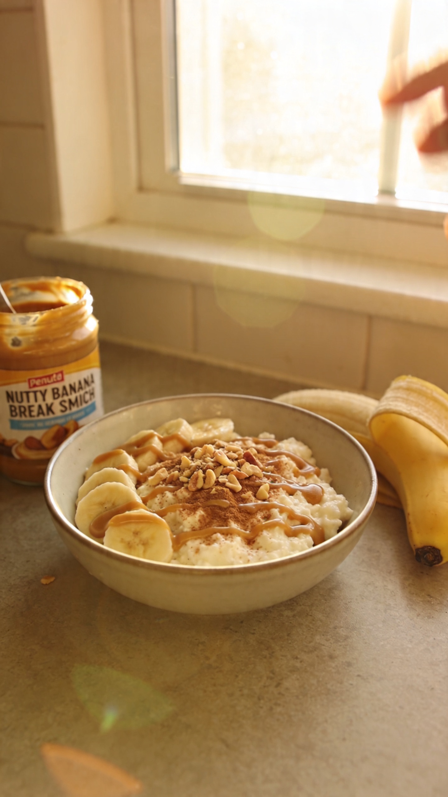 A real, authentic photo of a bowl of Nutty Banana Breakfast Smash featuring cottage cheese, mashed banana, a drizzle of almond or peanut butter, a light dusting of cinnamon, and a handful of crushed nuts on top; the bowl sits on a casual kitchen counter beside a jar of peanut butter and a peeled banana, with natural window light streaming in. The shot should feel candid and unstaged, shot quickly with an iPhone, showing a slightly imperfect, realistic vibe: occasional overexposed highlights from the window, a subtle lens flare, mild motion blur from a quick hand movement, and grain that varies with light; horizon may be slightly tilted and edges a touch soft. No text, no words, no obvious AI cues. The scene should resemble a everyday breakfast moment, with the bowl as the main subject and a natural, homey atmosphere. Optional subtle post-processing hint: a light, casual edit that looks like “scaled down and up again, slight smart blur with sharpening, recolored with a flat paint bucket,” but still keeping the overall authentic, no-staging feel. Compressed 1080p-like quality, no cinematic or studio feel, just a believable, real photo taken in a hurry.