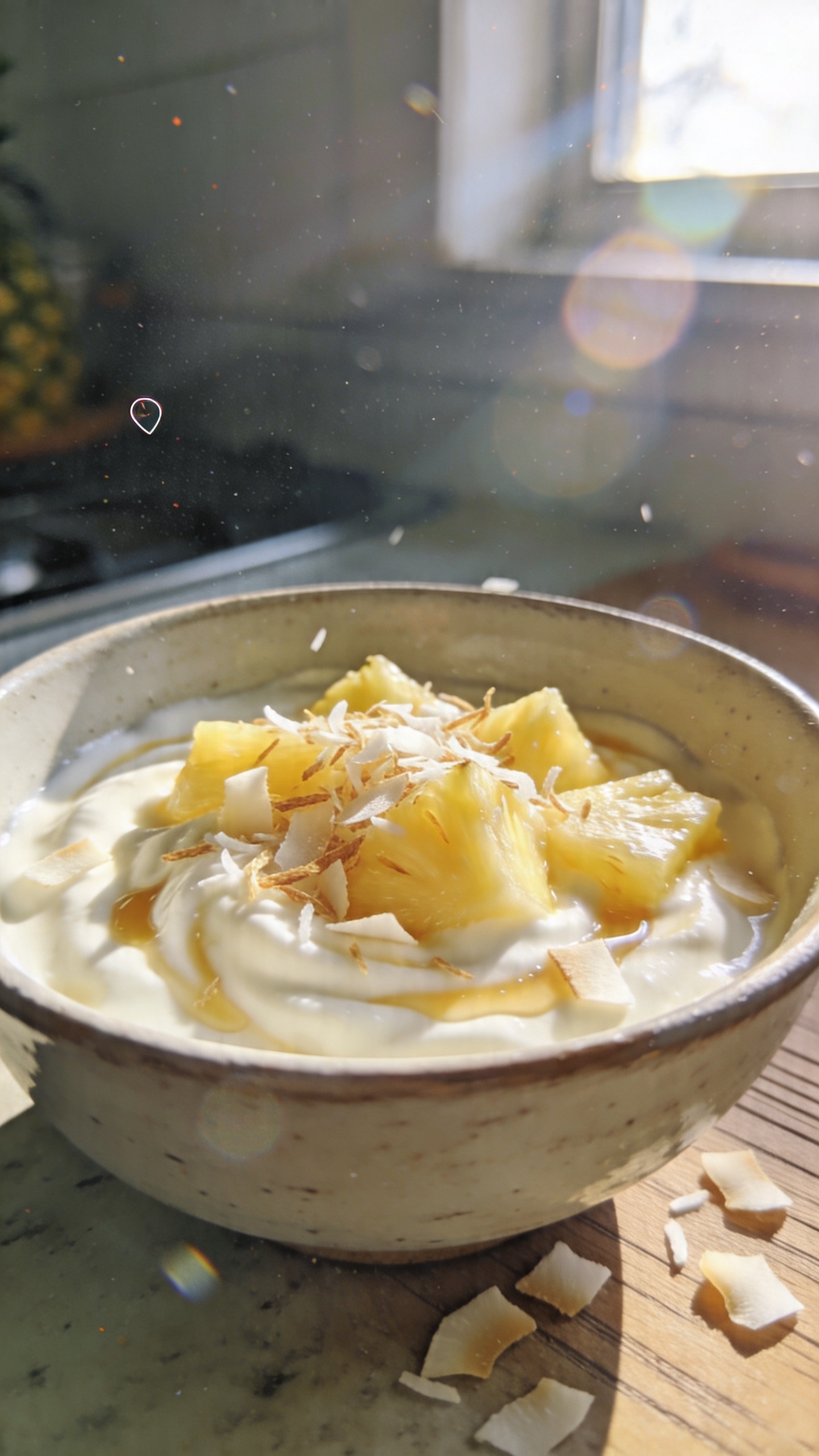 A real, authentic photo of a tropical Pineapple Coconut Bowl featuring a creamy yogurt base swirled with golden pineapple chunks and delicate dried coconut shreds, presented in a simple ceramic bowl on a rustic kitchen counter. Include a few coconut shreds scattered around the bowl, bright pineapple pieces catching morning light, and a light drizzle or scoop of lightly sweetened yogurt visible for creaminess. Capture the scene with natural window light coming from the side, casual composition, and a slightly imperfect, lived-in vibe. Elements to include: a softly blurred background hinting at a cozy kitchen, a wooden or counter surface with subtle grain, and a subtle lens flare from the sun off the window. Add realistic phone-camera imperfections: a touch of overexposed highlights on the pineapple, a tiny bit of motion blur from a casual handheld shot, a slight tilt of the horizon, and a light grain that varies with the light. The image should feel like a quick, no-staging breakfast shot, taken in a hurry, with no text on the image. Optional subtle post-processing note: a quiet, natural look that’s slightly compressed, 1080p quality, with tiny fingerprint on the lens and a faint, soft sharpening to keep details without a polished vibe. No words or captions in the image.