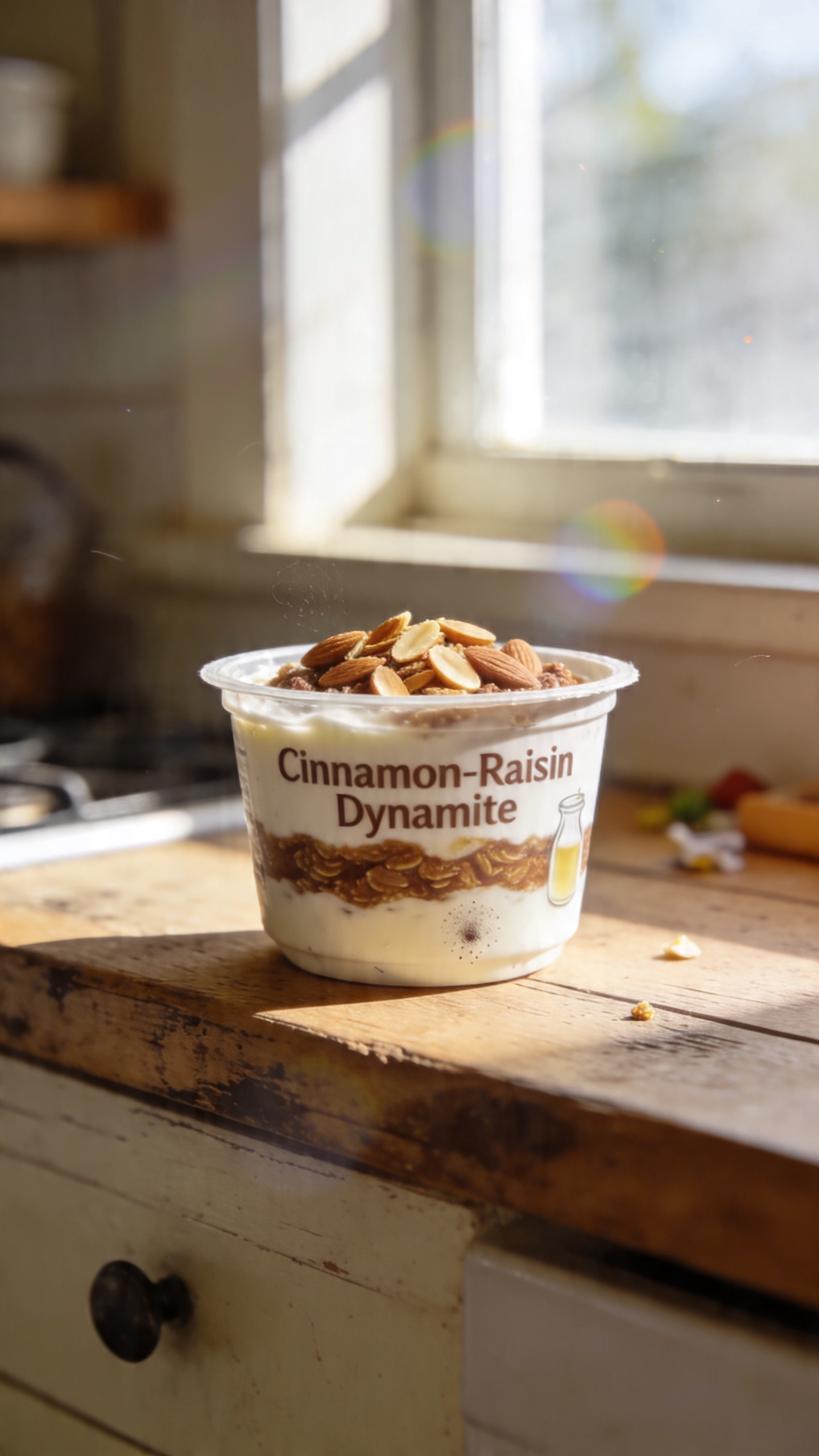 A photo of a simple, cozy breakfast setup featuring a Cinnamon-Raisin Dynamite Cup as the main subject. The cup sits on a rustic wooden kitchen counter near a window, with warm natural light streaming in. The cup is a small, portable yogurt or cottage-cheese cup layered with a cinnamon-raisin medley, toasted almonds sprinkled on top, and a tiny visible dash of vanilla extract on the side. The composition is casual and imperfect: a slightly tilted horizon, minor fingerprint smudges on the cup, and a few tiny kitchen clutter details in the background. The scene should look like it was snapped quickly with an iPhone, with natural grain, occasional overexposed highlights from sunlight, gentle lens flare, subtle motion blur from a slight camera shake, and a compressed, 1080p-style quality. No staged poses or professional lighting; keep it real, no text on the image. Subtle post-processing hint: a light, everyday editing touch that preserves the natural, slightly soft look without removing authenticity.
