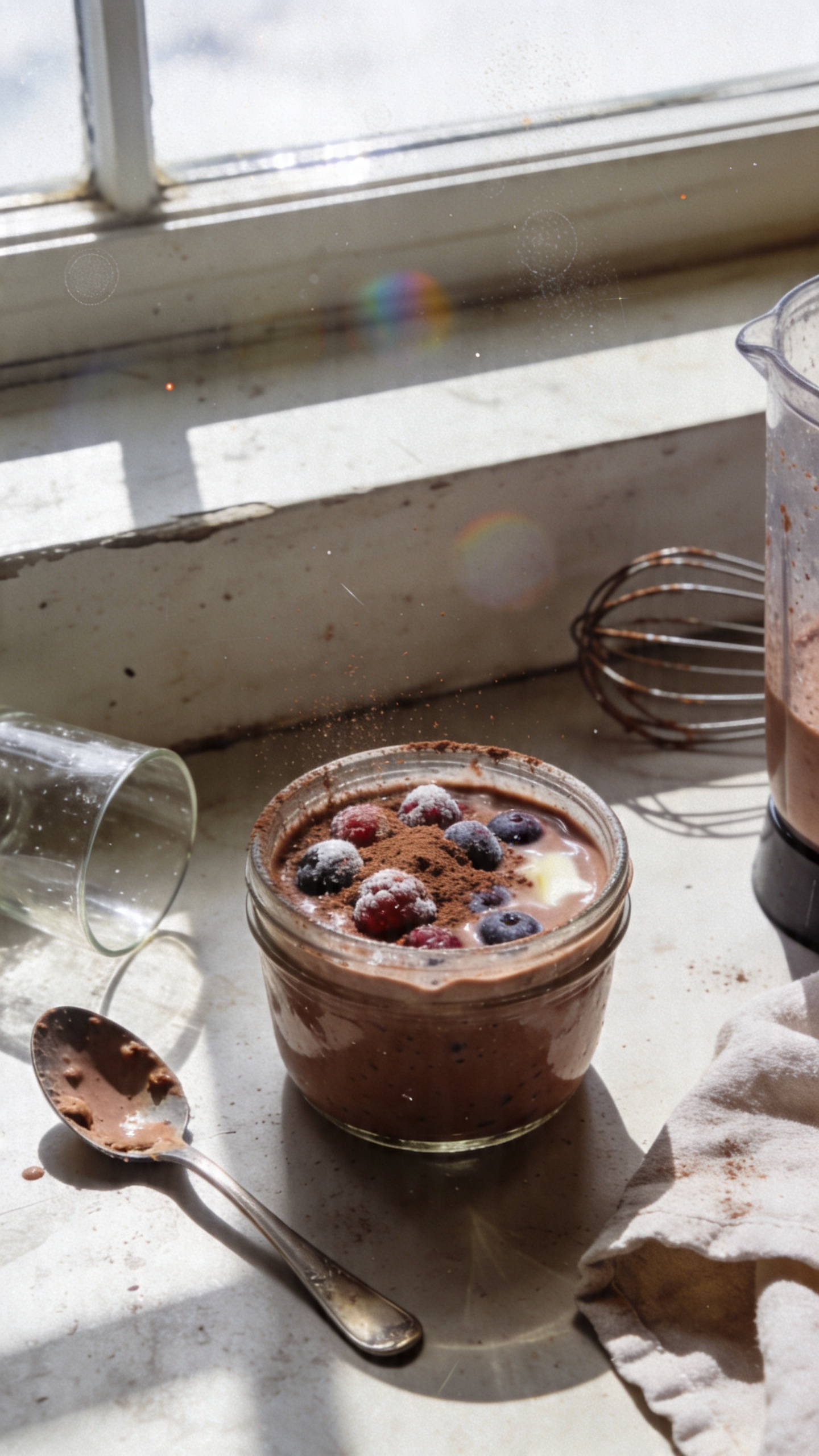 A real, authentic photo of a bowl or glass of chocolate and berries breakfast, styled as the main subject from the article title “8. Choco-Berry Midnight Denial (Morning Edition).” The scene is casual and candid, as if snapped quickly in a home kitchen or breakfast nook. Natural window light streams in from the side, casting soft shadows. The bowl or mason jar contains a silky chocolate-berry bowl with hints of unsweetened cocoa powder, frozen berries visible for chill and thickness, and a vanilla-touched, silk texture. Include a casual setup: a partially eaten spoon, a slightly crooked glass, perhaps a small whisk or blender resting nearby, and a damp dish towel. The photo should feel unposed and imperfect: slight overexposed highlights from the window, a tiny lens flare, minor motion blur from reaching for the spoon, and a subtle grain that varies with light. Horizon slightly tilted, fingerprints on the lens, and a worn, everyday kitchen counter in the background. The image should look like it was taken with an iPhone, in 1080p-like quality, with “shot quickly” and “no staging” vibes, no text overlays, no cinematic or studio vibes, and no AI-detectable enhancements that scream perfection. Optional, very light post-processing hints: a gentle, understated adjust of brightness and contrast, but keep the natural, real-photo feel. No words or logos visible in the scene.